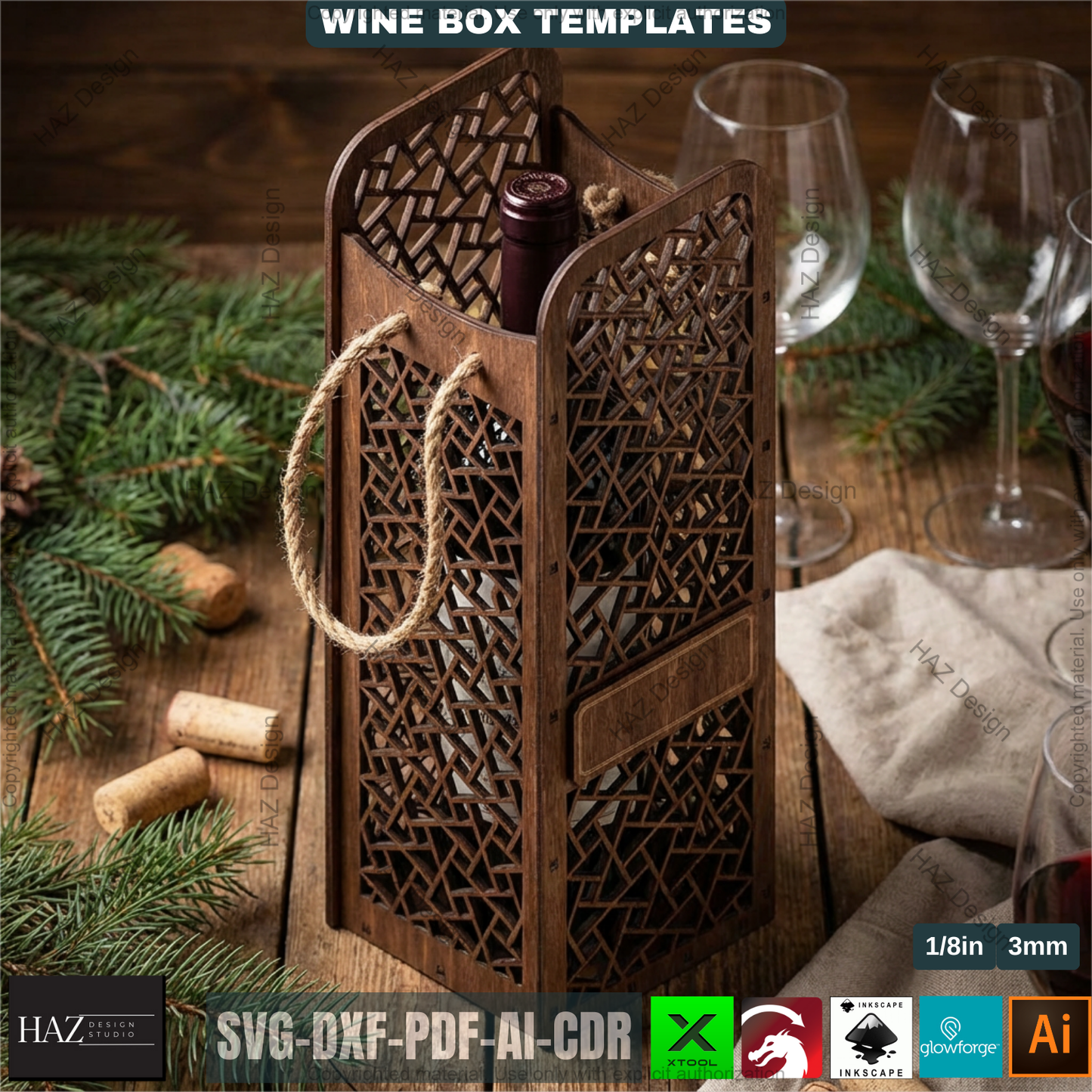 Laser Cut Wooden Wine Bottle Gift Box Bundle for DIY, Elegant Wine Carrier Templates for Laser Cutting Projects 512