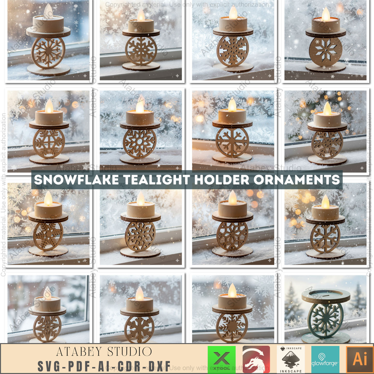 Winter Snowflake Tea Light Holder Set | Wooden Laser Cut Candle Stand Pattern | Christmas Ornament DIY Digital Craft Files 963