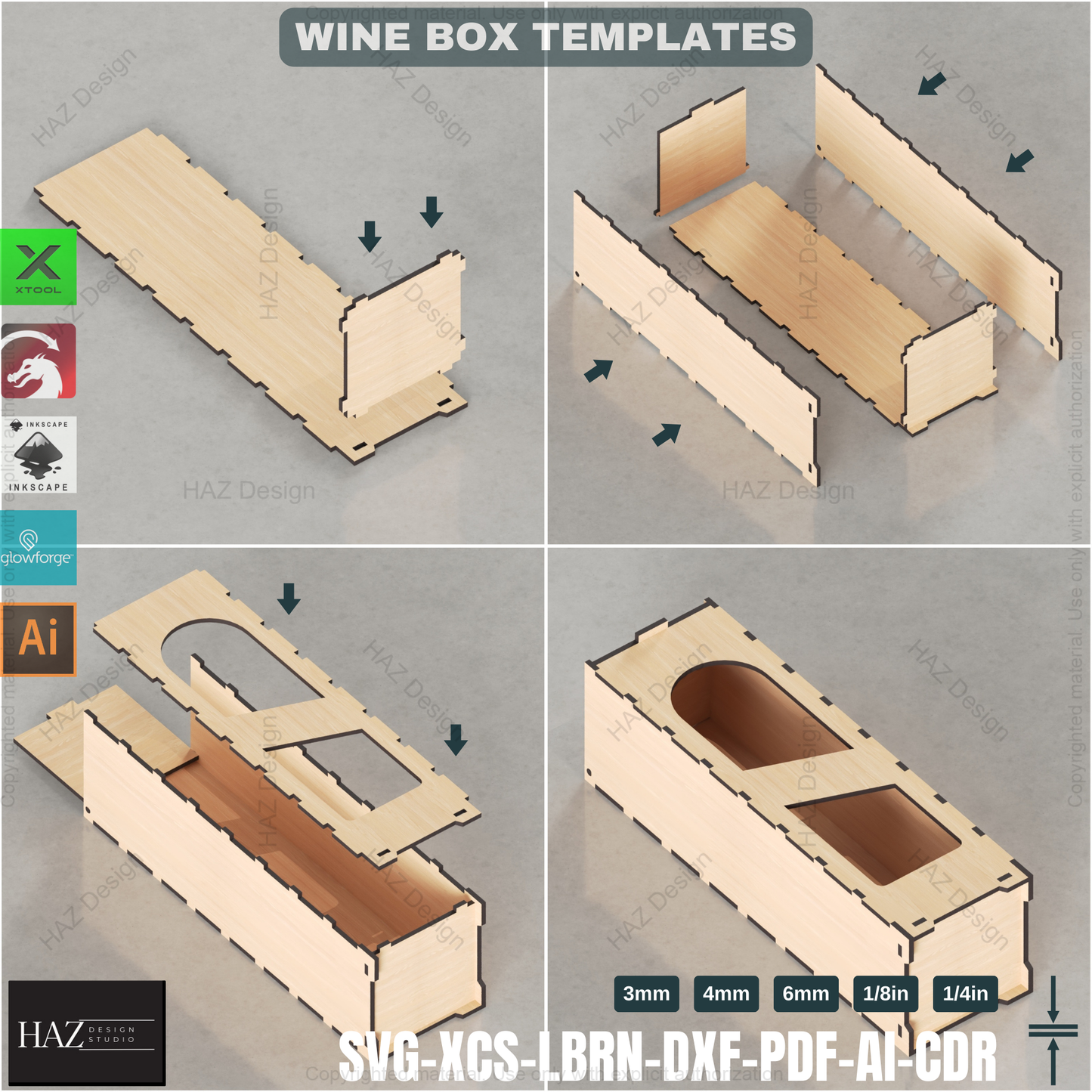 Laser Cut Wine Gift Box - 3 Sizes, 7 Designs - SVG Files,Wine Box Template - Laser Cut - 6 Thicknesses - Wood Gift 422