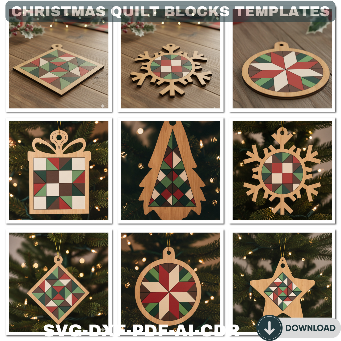 Quilt Pattern Christmas Tree Ornaments – Unique Laser Cut Holiday Decor 731