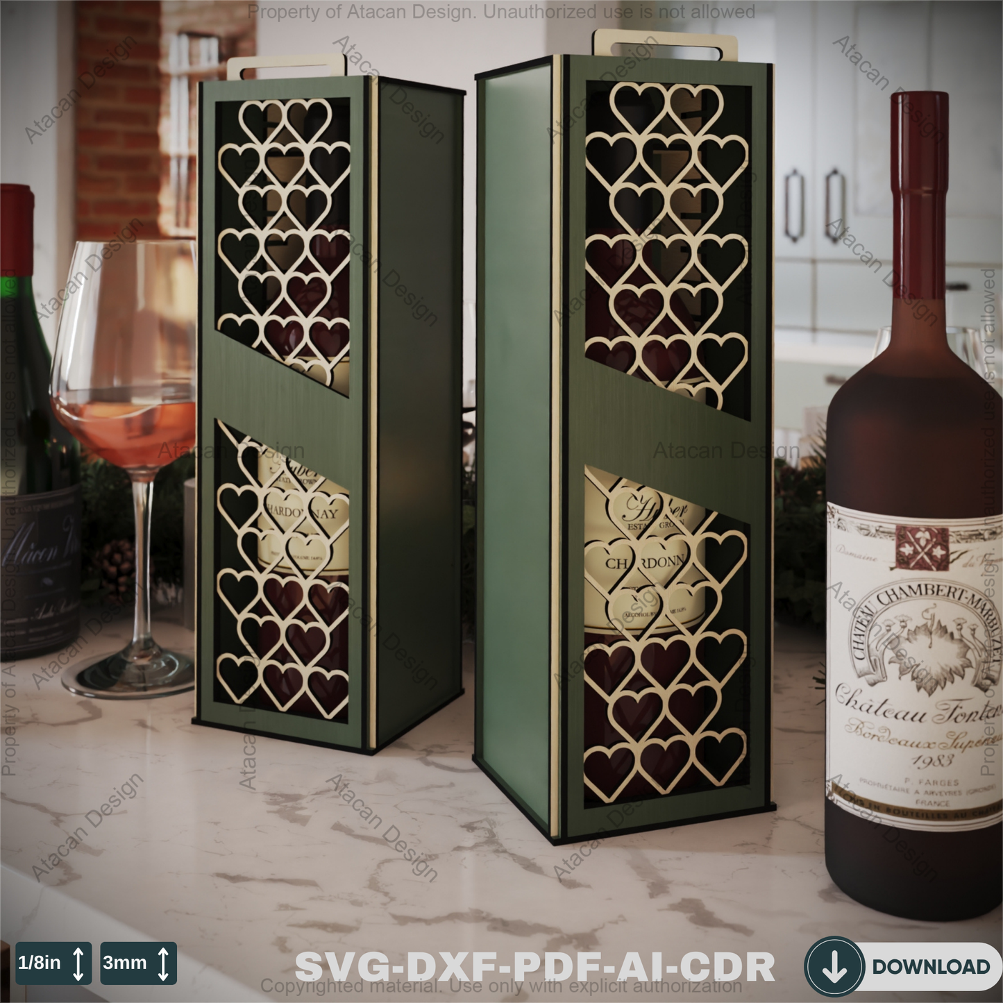 Laser Cut Wooden Wine Bottle Box with Heart Design - Perfect for Valentine's Day or Wine Gifts" 802
