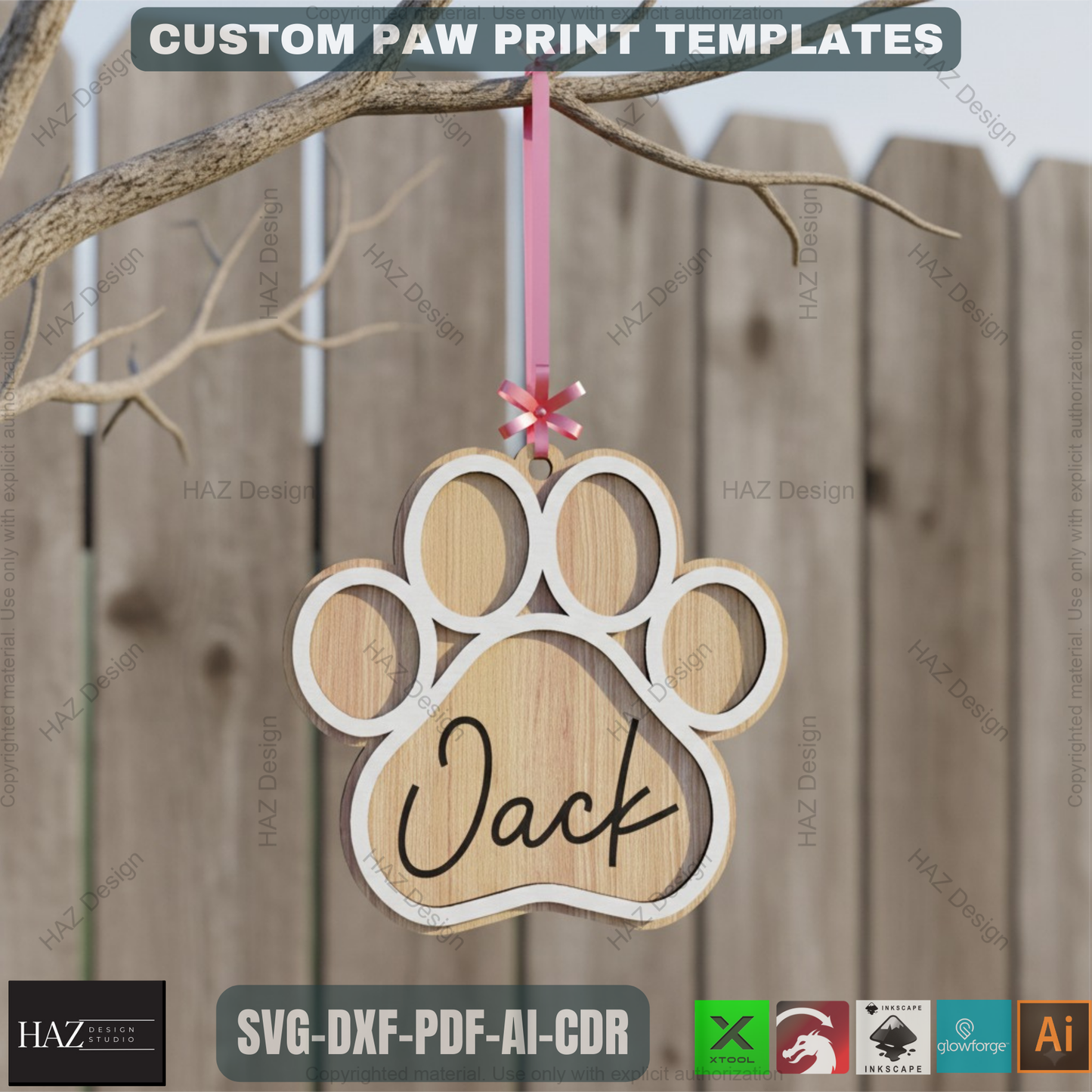 Personalized Dog Paw Ornament - Custom Wooden Pet Christmas Keepsake for Laser Cutting 807