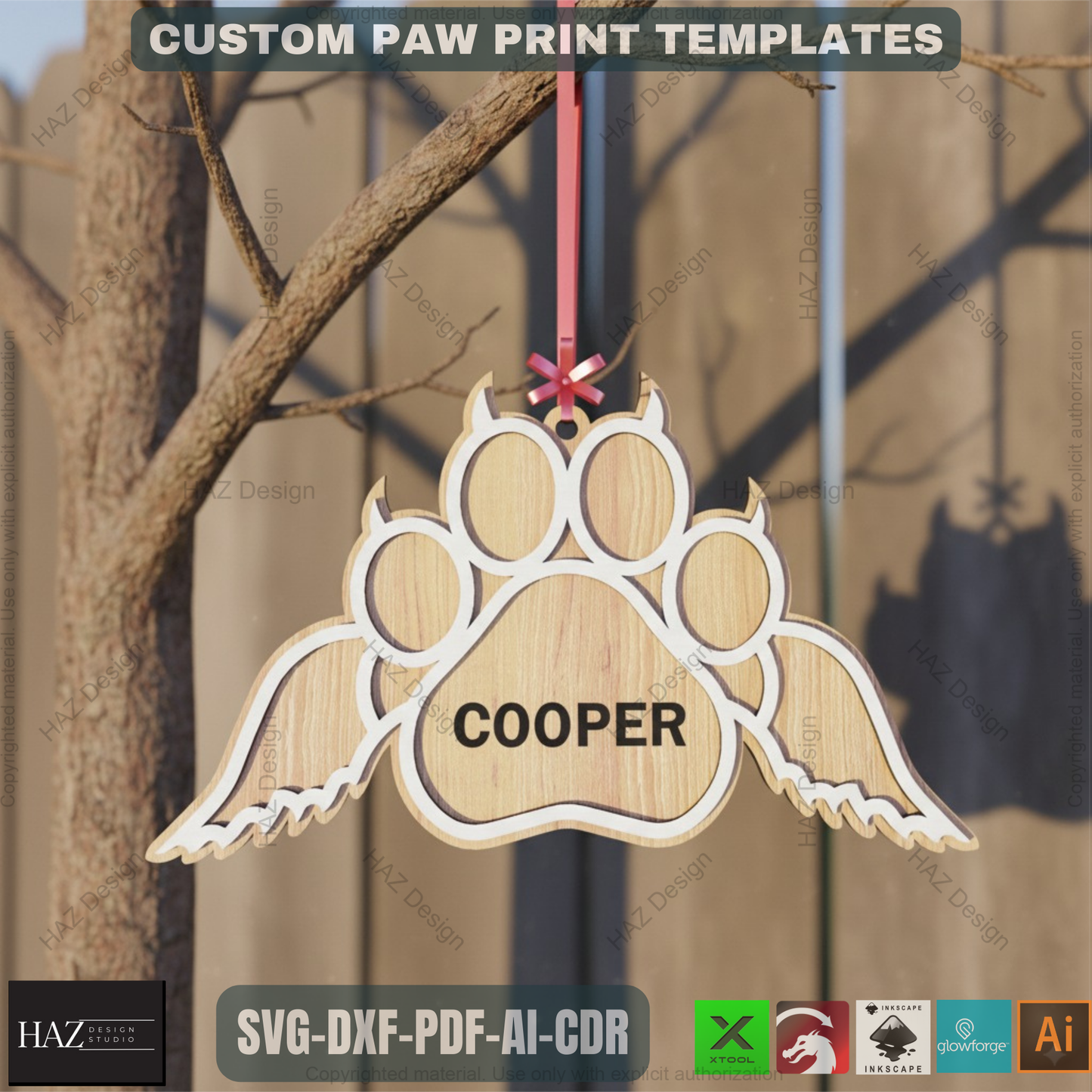 Personalized Dog Paw Ornament - Custom Wooden Pet Christmas Keepsake for Laser Cutting 807