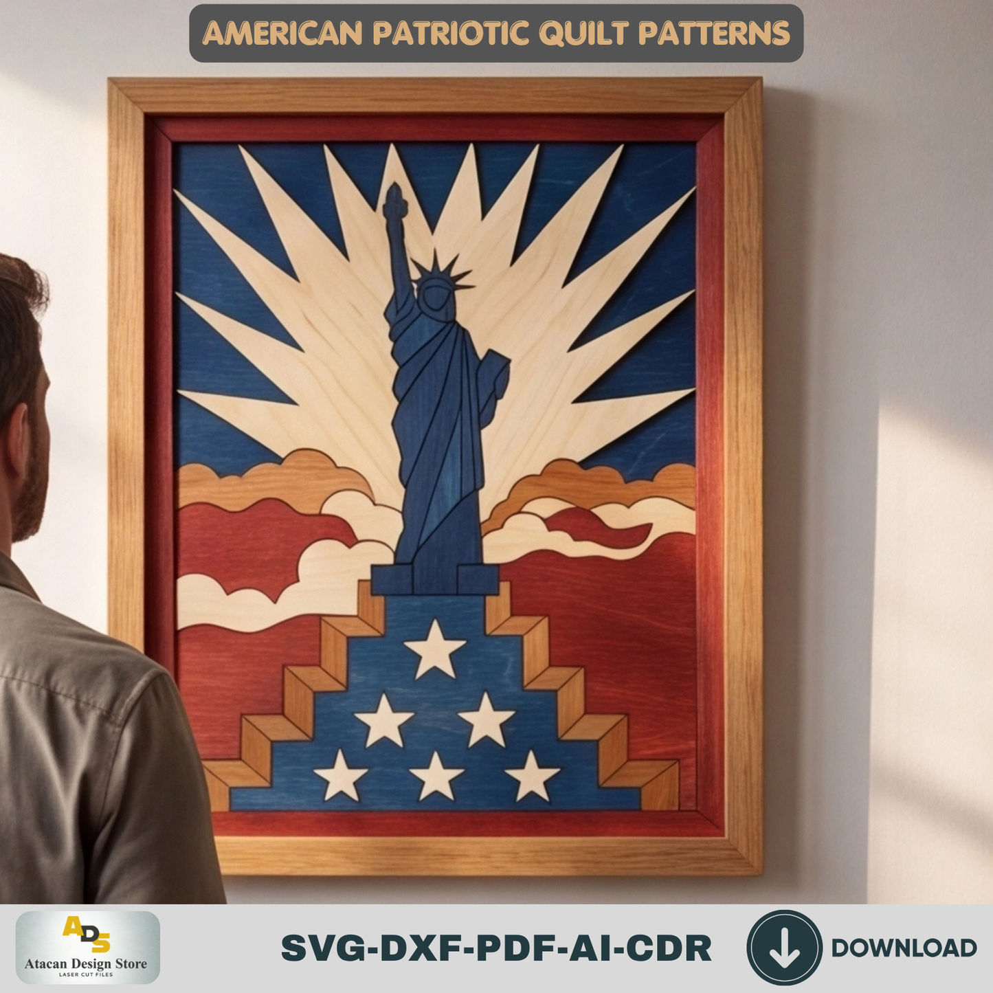 American Patriotic WallArt, Bald Eagle Decor, Statue of Liberty Geometric Quilt Pattern, Veteran Independence