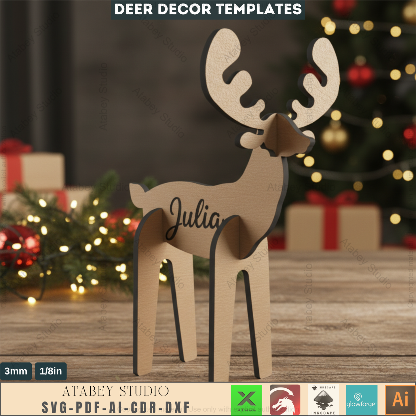 Wooden Deer Christmas Decor SVG Files, Laser Cut Reindeer, Digital Download 572