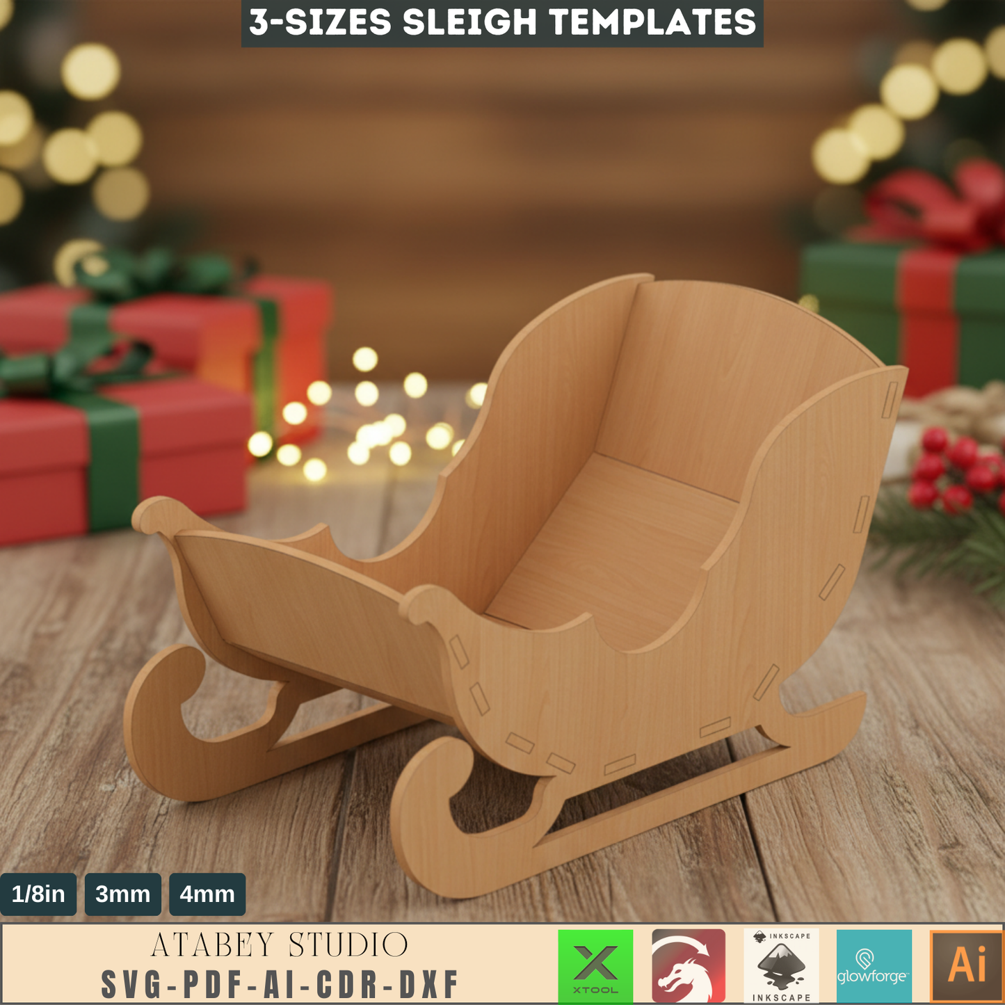 Christmas 3D Sleigh Design - Laser Cut Santa Sleigh for Festive Decorations 730