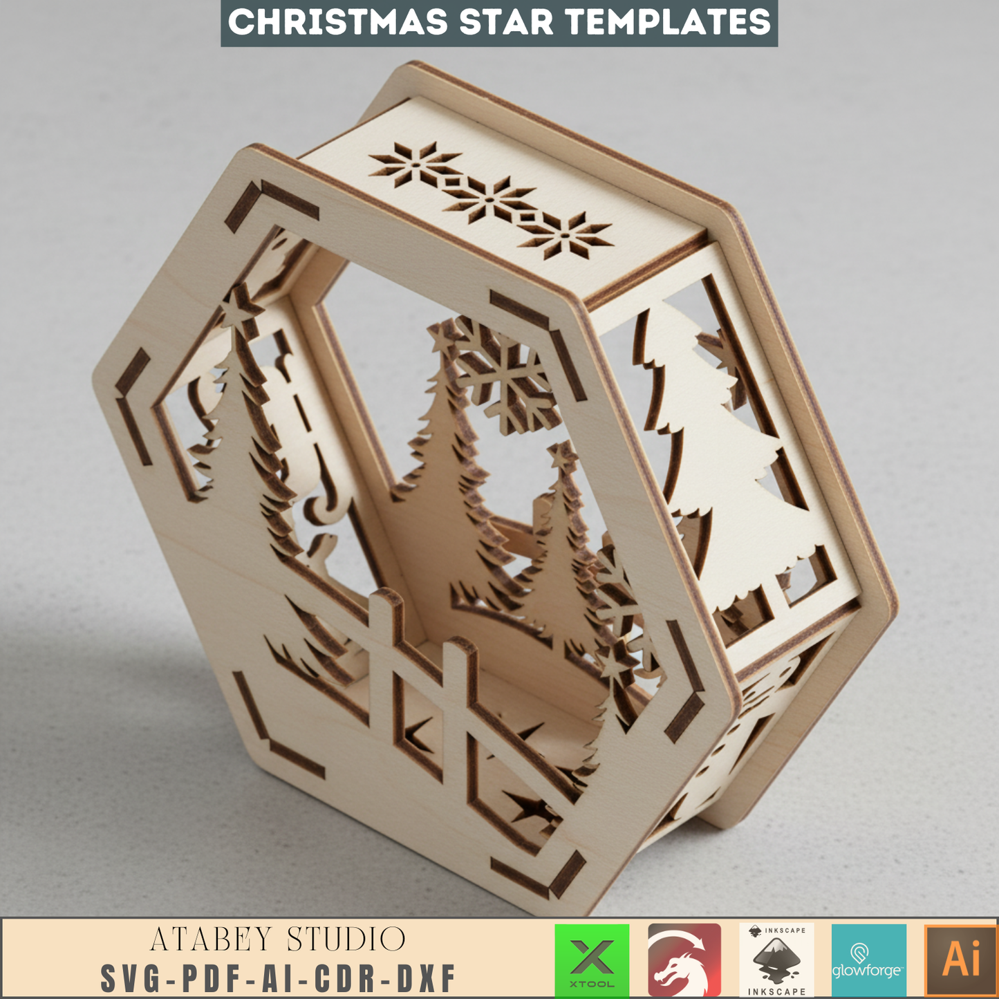 Hexagon Christmas Decor SVG Template - Laser Cut Lanterns - Winter Scene for Holiday Home Decor and Cozy Candle Glow 957