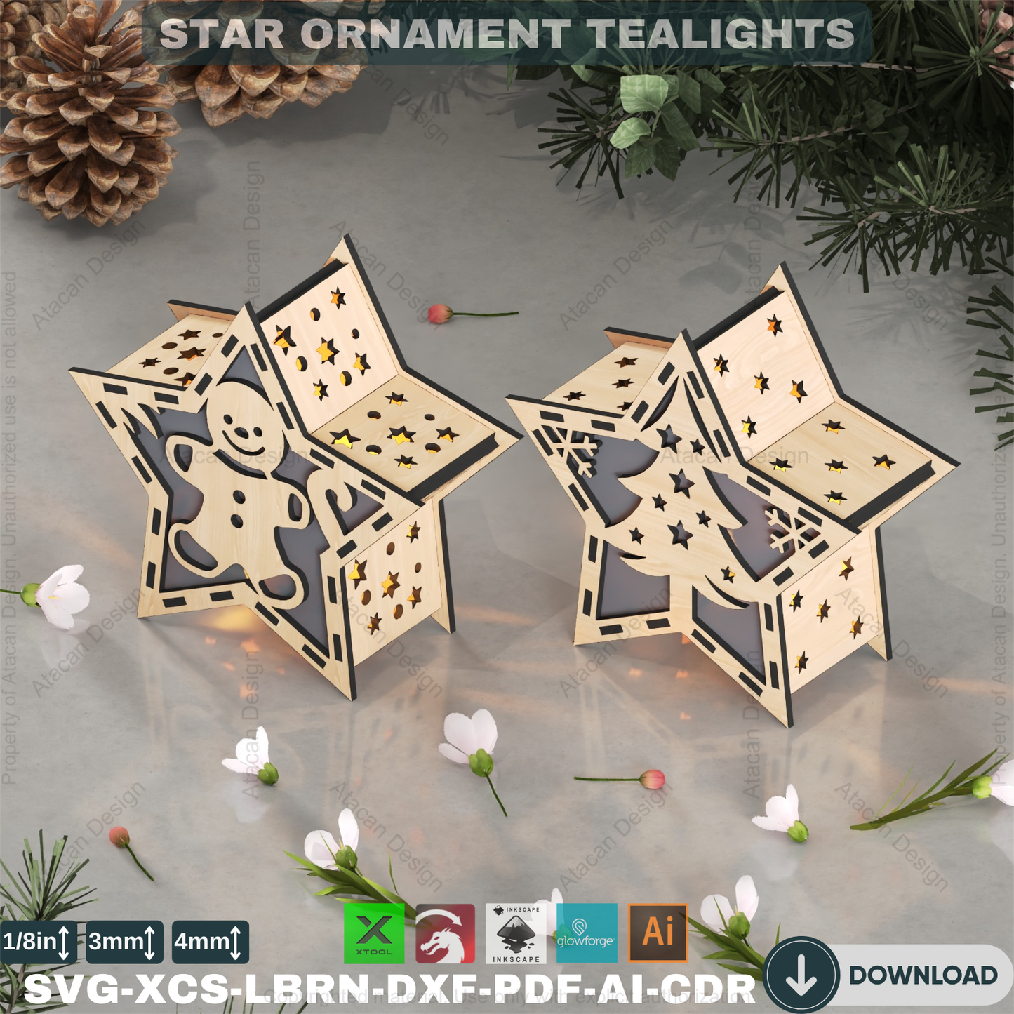 3D Star Night Light: Laser Ready Files, Candle Holder Pattern,10 design Christmas Star Table Lamp: Laser Cut Lantern, Holiday Decor 877