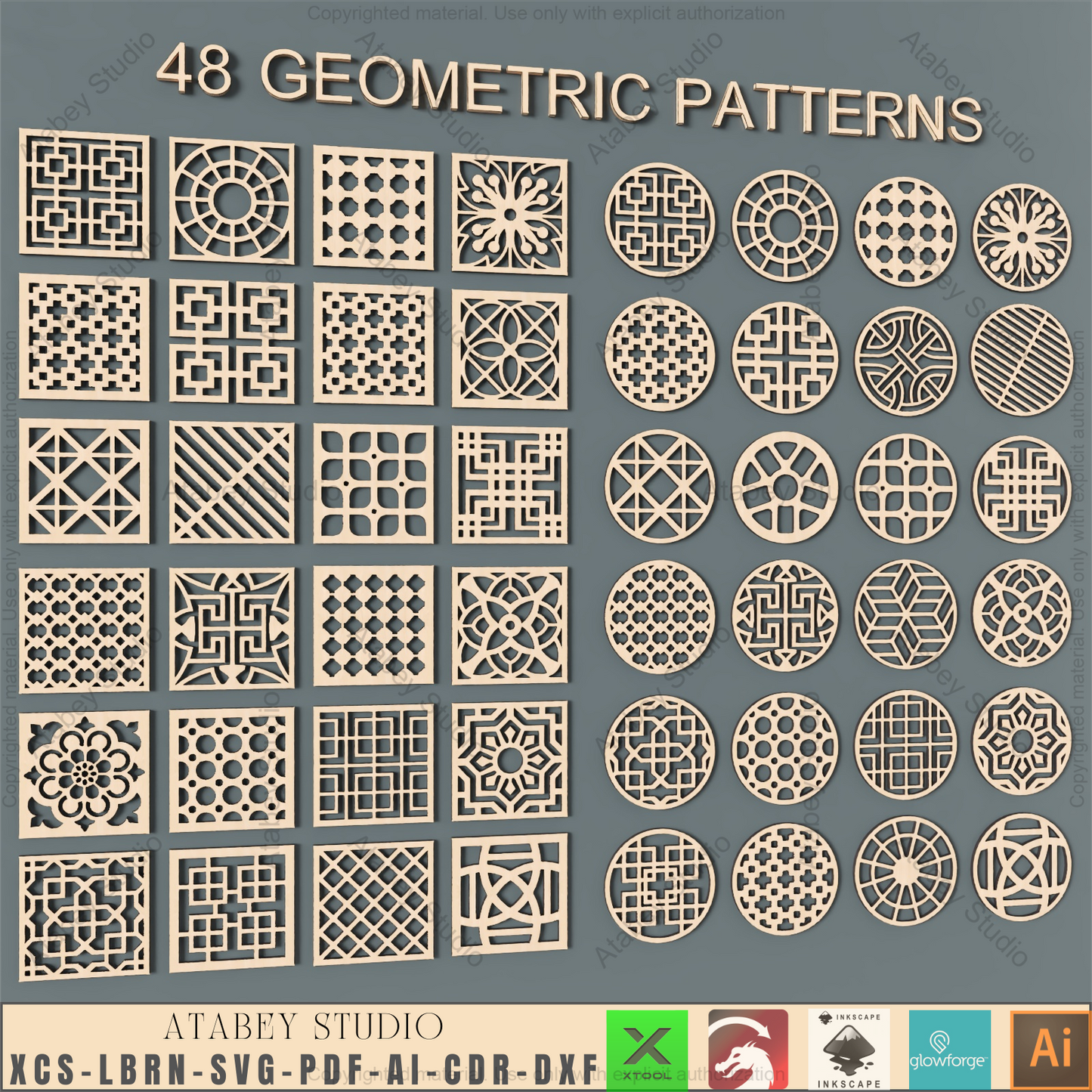 Laser Cut Design Pack: 48 Geometric Patterns | Decor, Coasters & Panel Files,Decorative Vector Art Bundle | 48 Square & Circle Laser Cut Templates 940