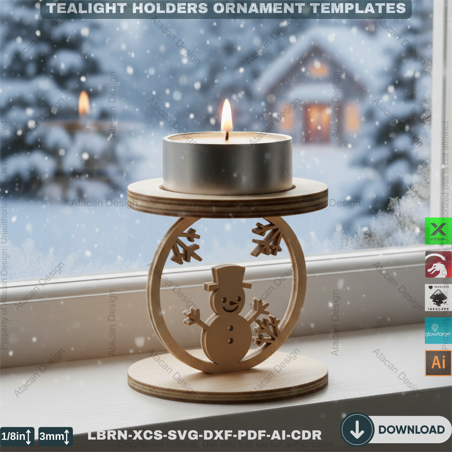 Snowflake Tealight Holder Set, Wooden Laser Cut Decor, Winter Candle Templates, Standing Tea Light Holders 907