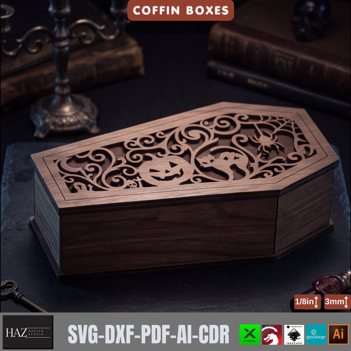 Halloween Coffin Box Laser Cut Template, Gothic Wood Keepsake Casket Pattern, Trick or Treat Candy Holder, Spooky Plywood Decor