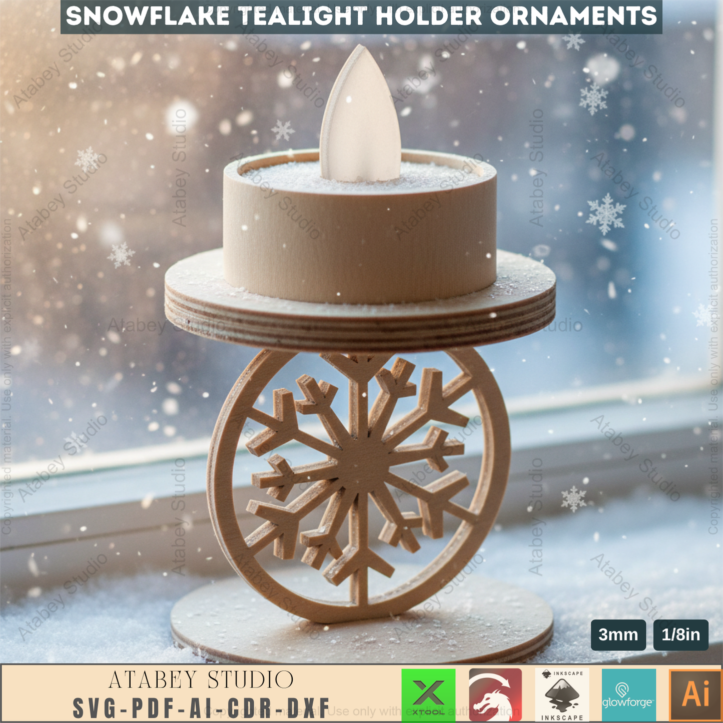 Winter Snowflake Tea Light Holder Set | Wooden Laser Cut Candle Stand Pattern | Christmas Ornament DIY Digital Craft Files 963