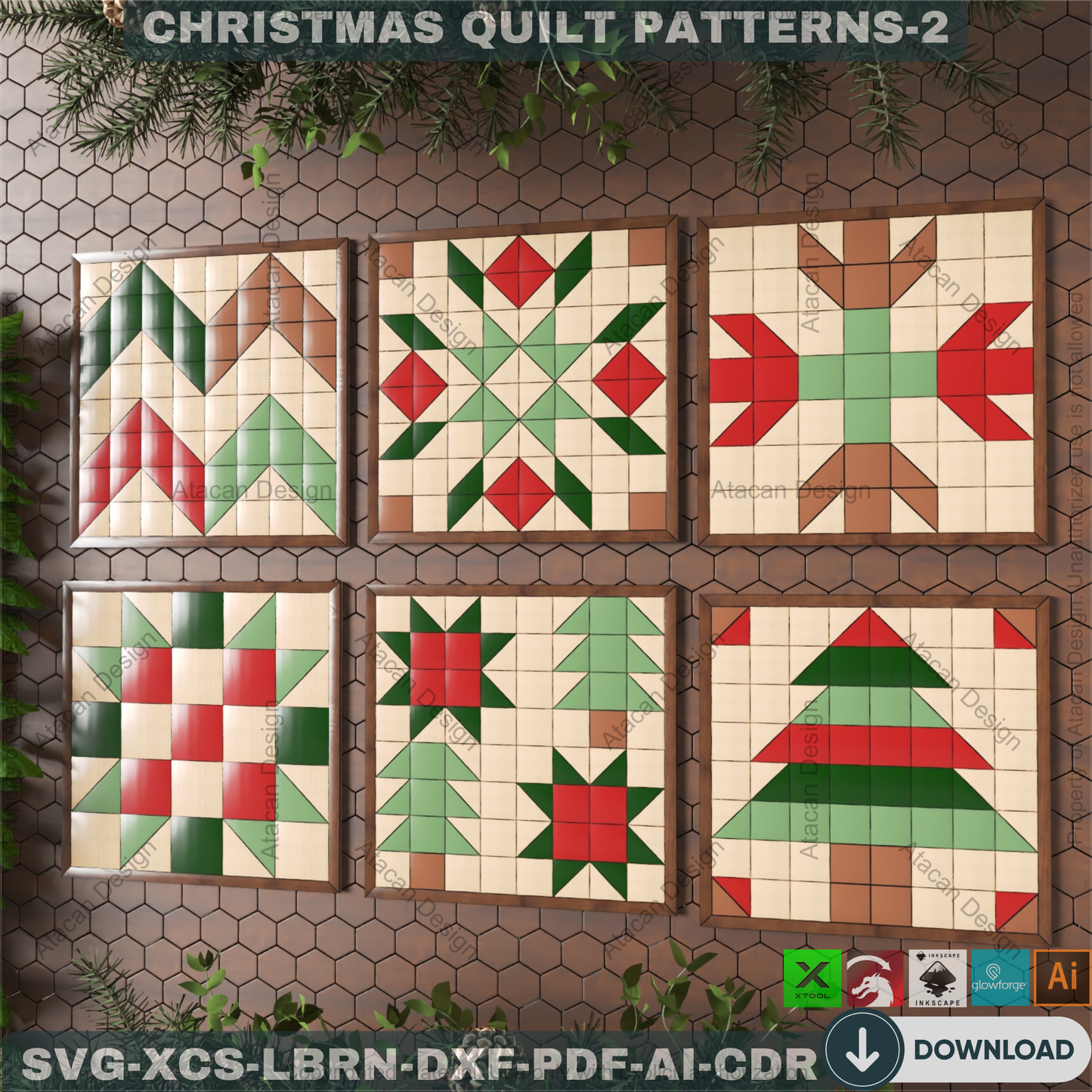 Christmas Patchwork SVG Files, Holiday Wood Quilt Block Templates, Laser Cut Tree and Snowflake Art for Farmhouse Decor 891