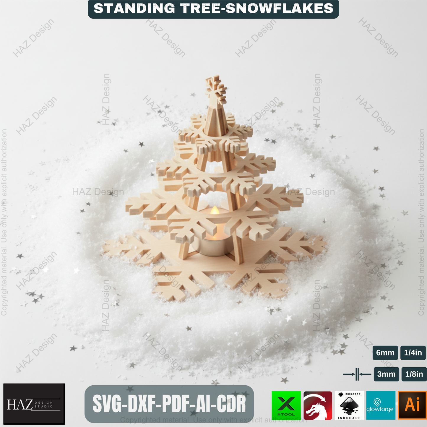 Wooden Snowflake Christmas Tree Light Decor Template Set Laser Cut Files for Holiday Table Centerpiece and Gift Craft 490