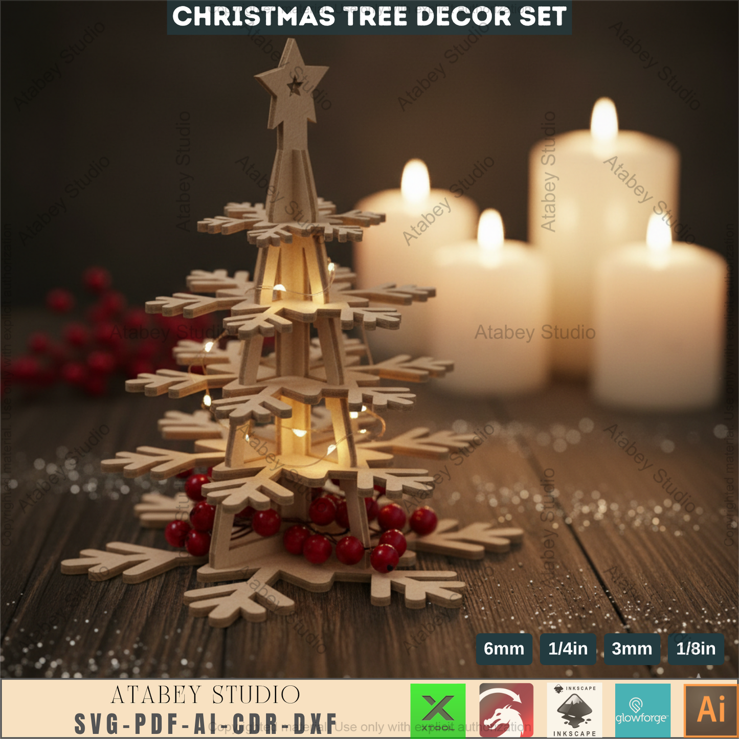 3D Christmas Snowflake Tree Decor Template for Laser Cutting | Standing Holiday Ornament Design for Glowforge, xTool, Lightburn Machines 965