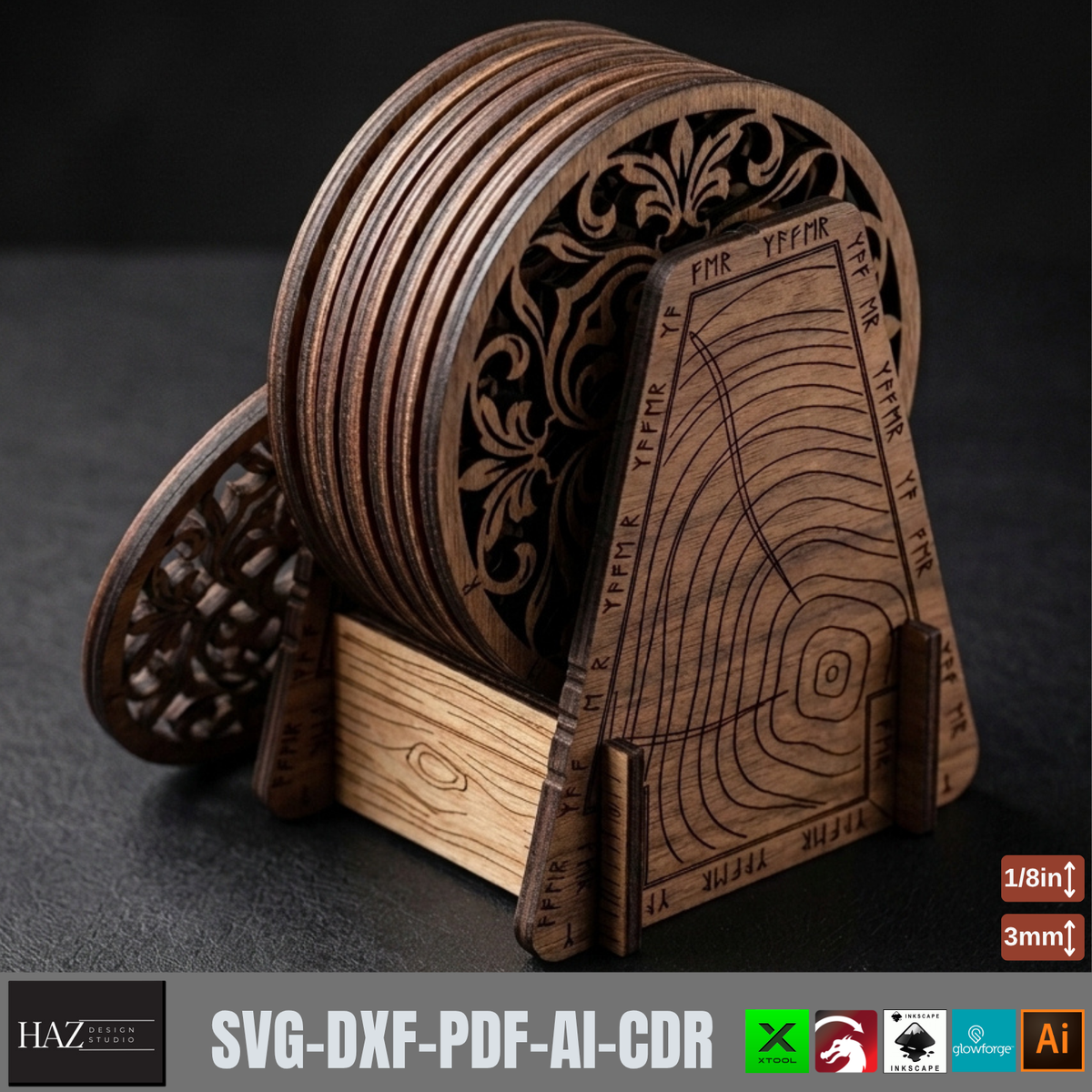 Viking Playing Card Coaster Templates, Rustic Norse Knotwork Wooden Coaster Designs 579