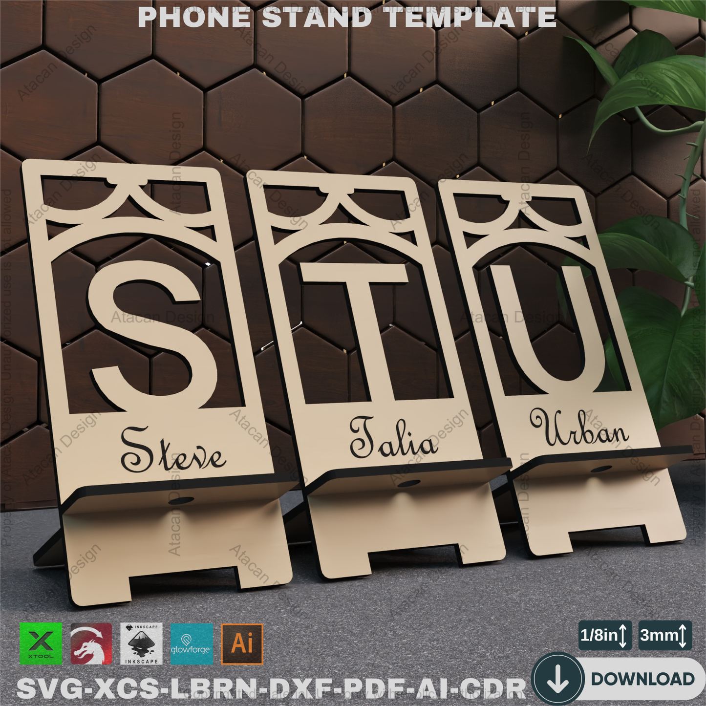 Laser Cut Phone Holder - 26 Letter Designs, Phone Stand SVG Files,Personalized Phone Stand - Laser Cutting Files, Alphabet Designs 867
