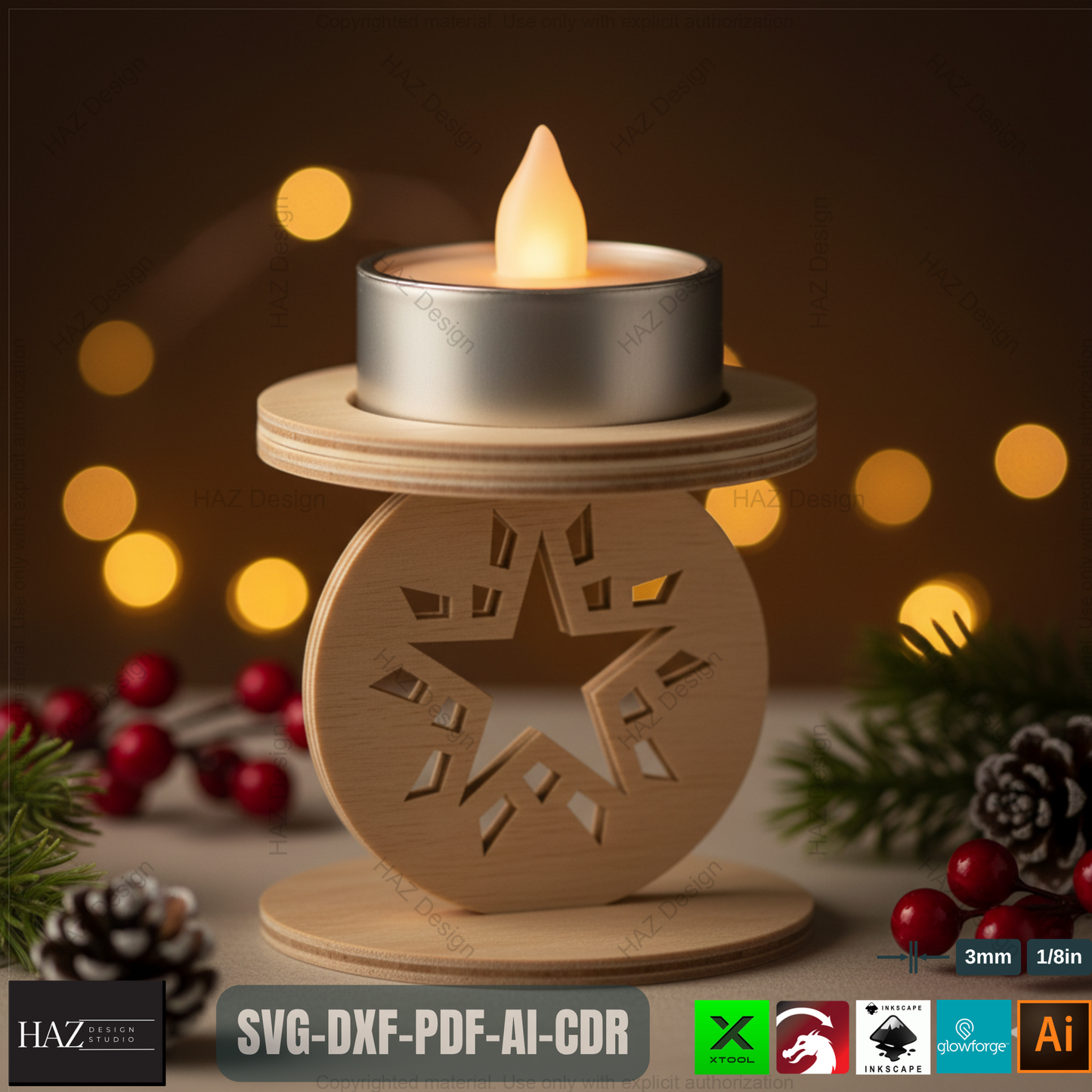 Standing Snowflake Tealight Holders, 3D Wood Laser Cut Ornament Template, DIY Christmas Candle Holder SVG Files