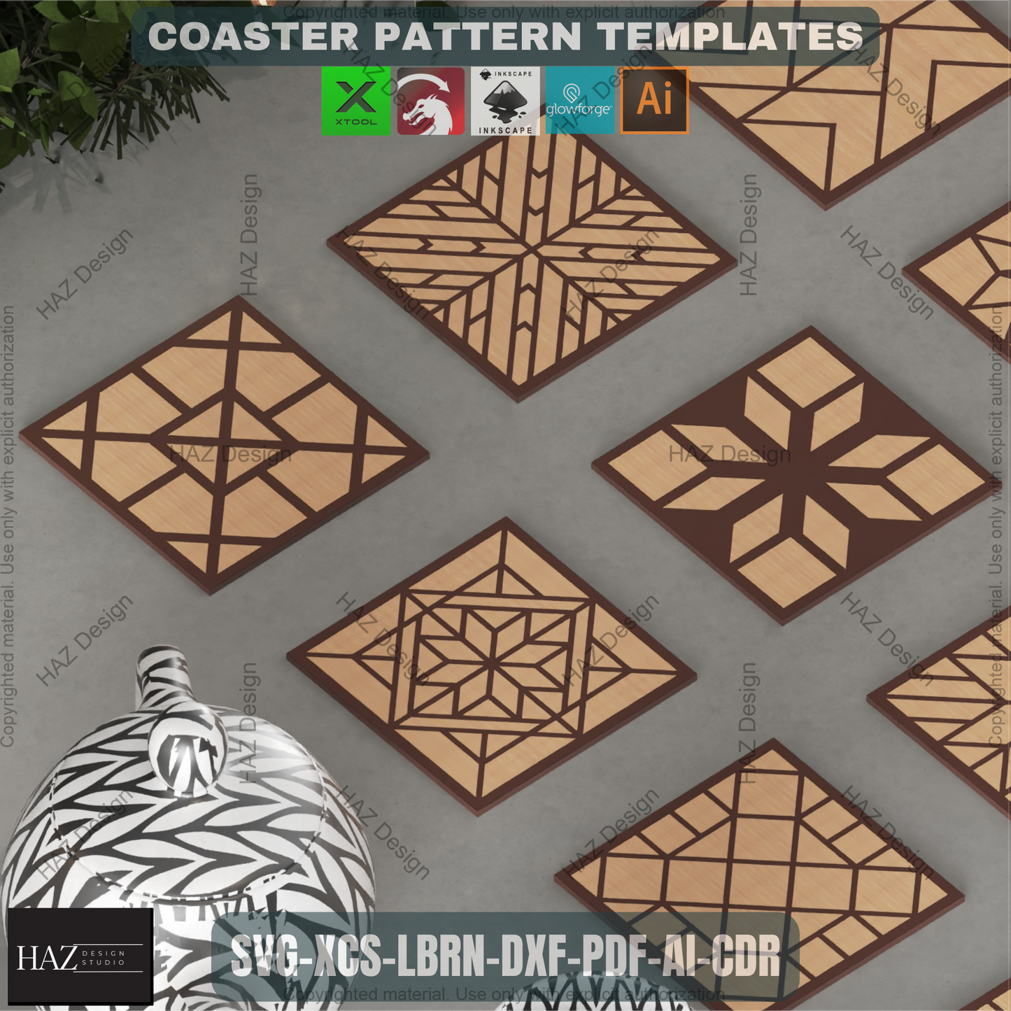 Geometric Mosaic Laser Files, Diamond Tile Patterns for Coasters & Wall Art, DIY Wood Inlay Project for Glowforge & Xtool 464