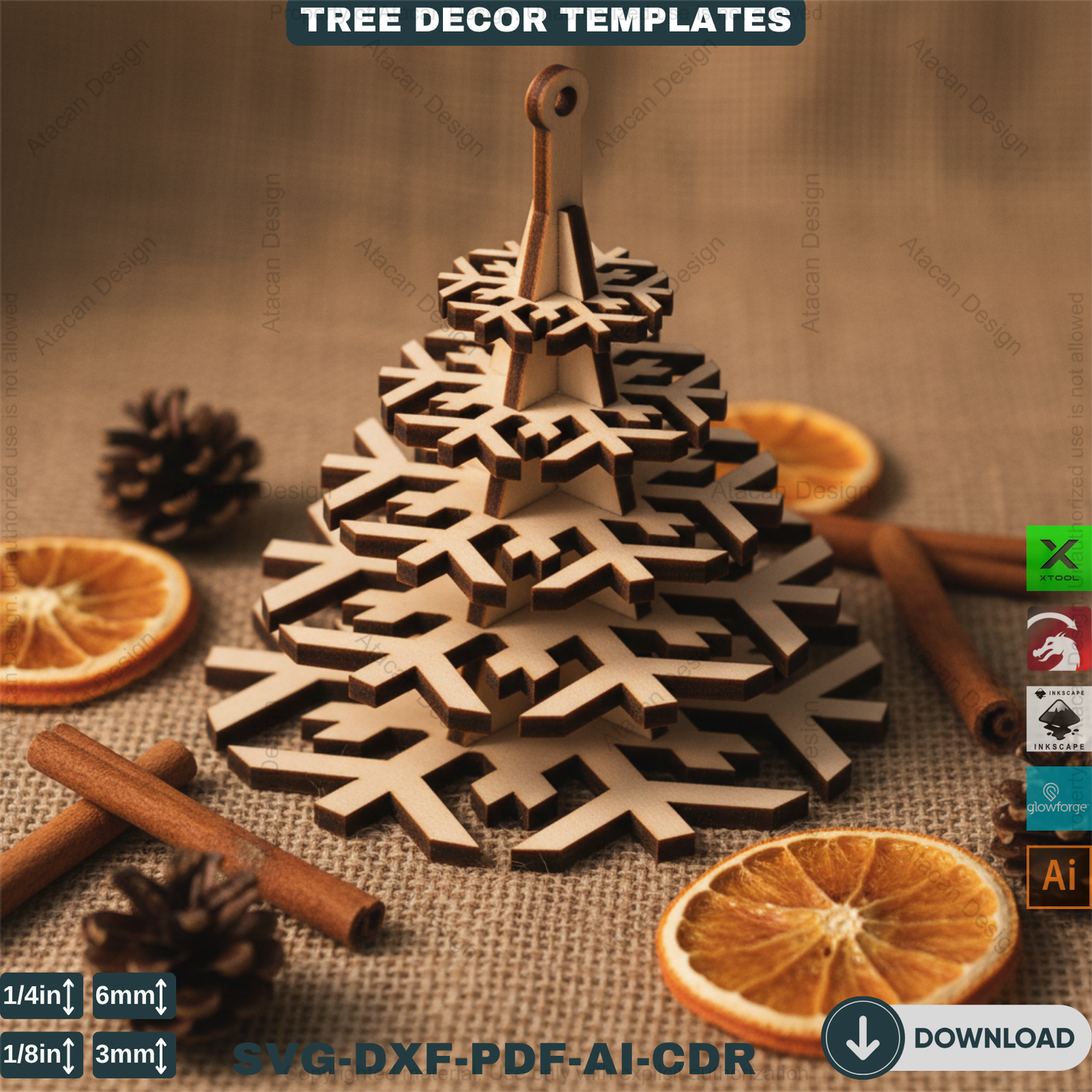 3D Christmas Tree Laser Cut File, Rustic Snowflake Holiday Decor, DIY Winter Tabletop Centerpiece for Glowforge & xTool 908