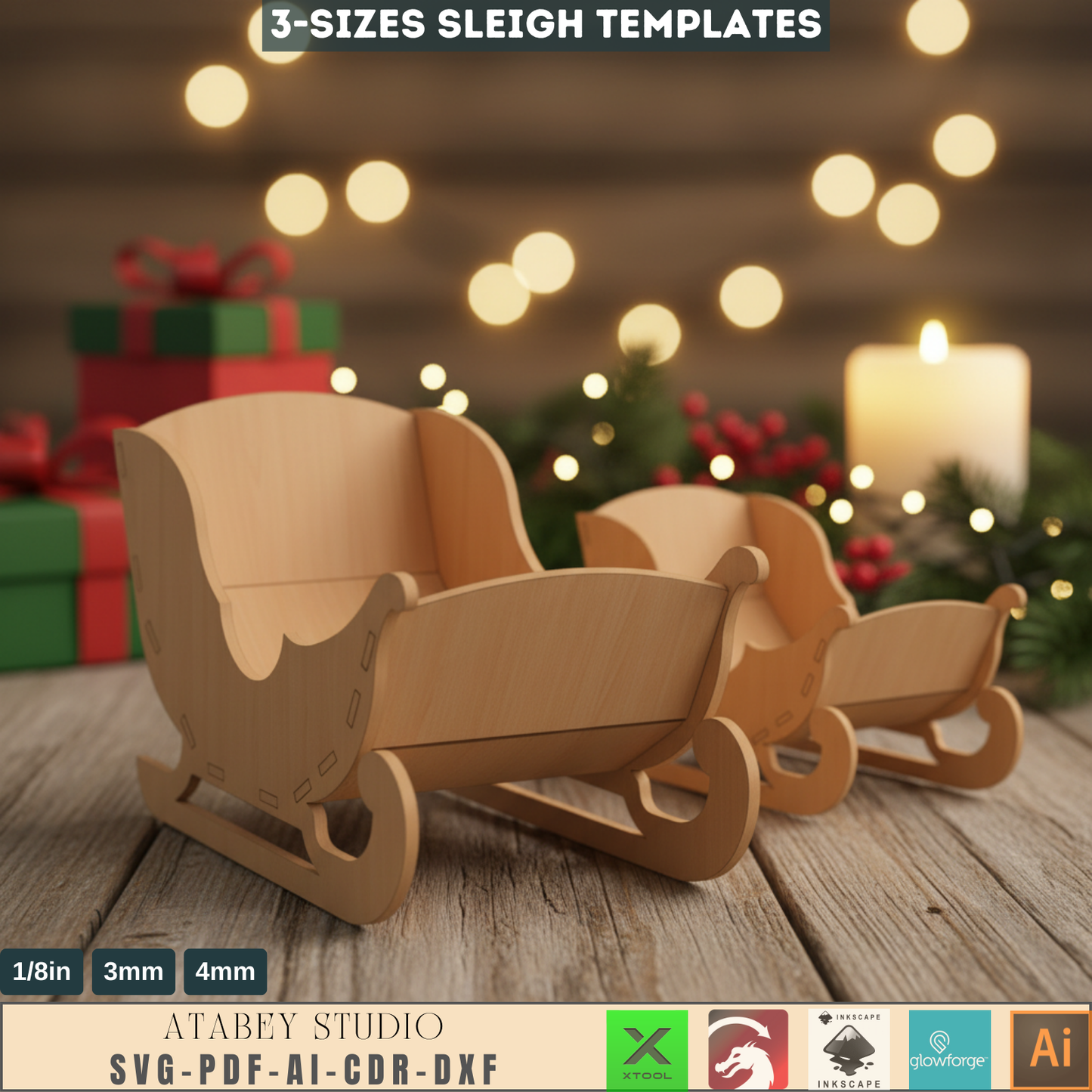 Christmas 3D Sleigh Design - Laser Cut Santa Sleigh for Festive Decorations 730