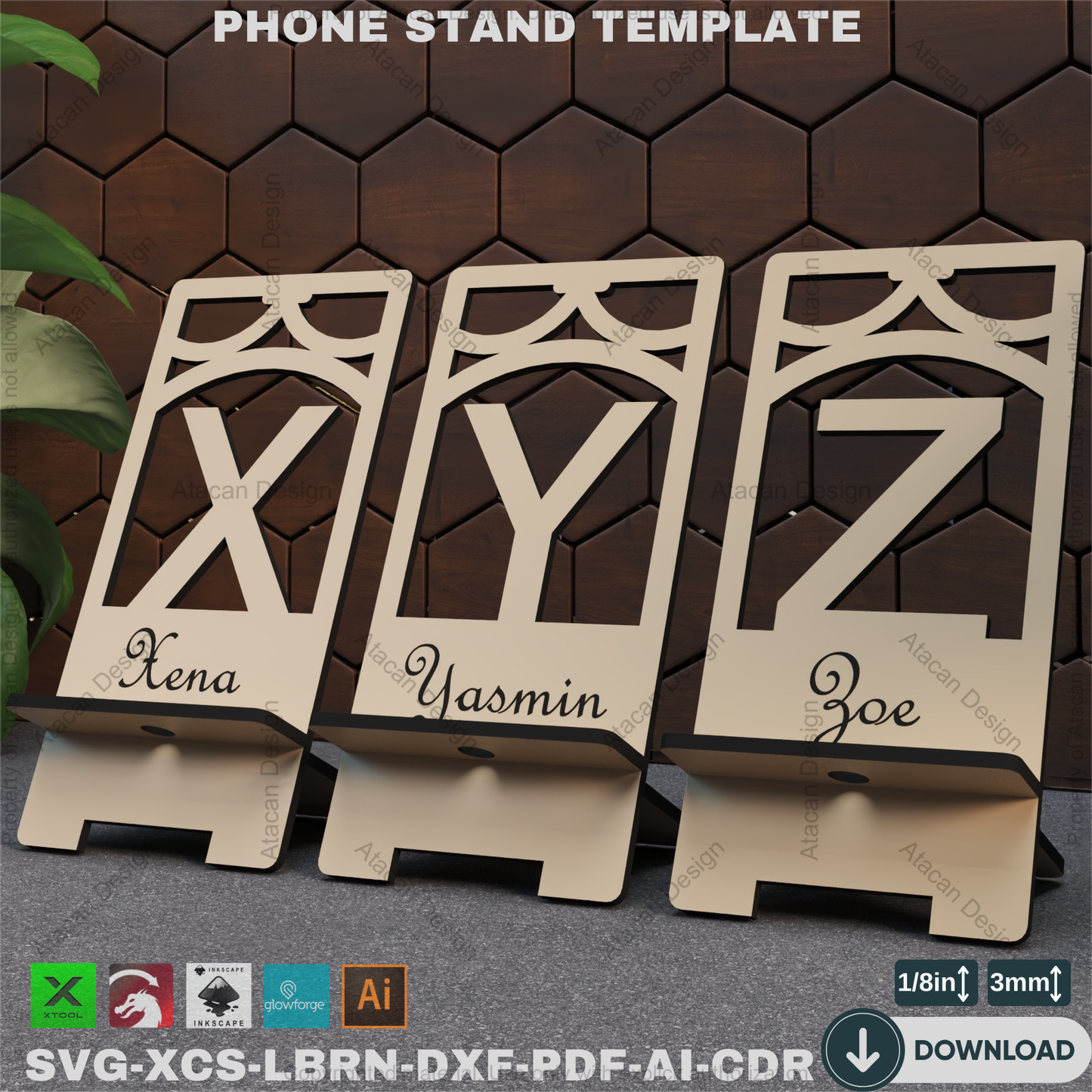 Laser Cut Phone Holder - 26 Letter Designs, Phone Stand SVG Files,Personalized Phone Stand - Laser Cutting Files, Alphabet Designs 867