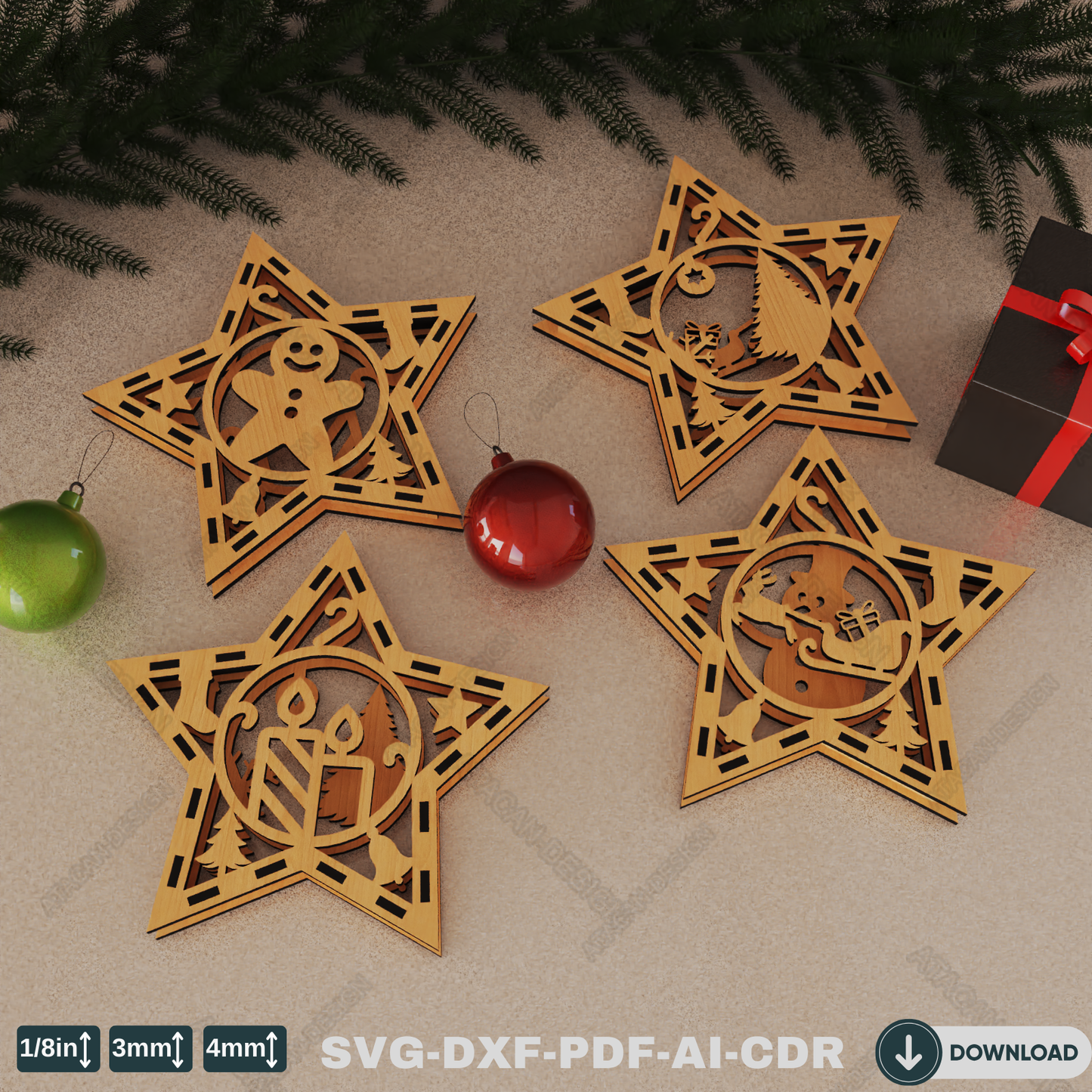 Rustic Star Ornaments - Handmade Christmas Tree Decorations with Snowy Scene & Holiday Charm 771