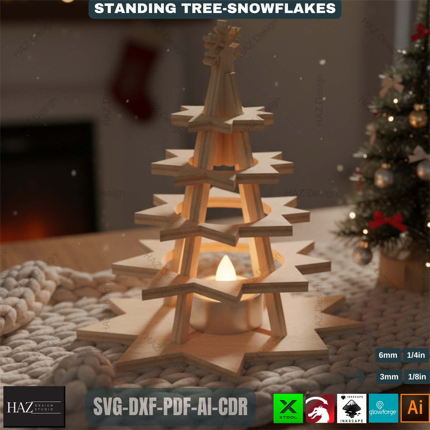 Wooden Snowflake Christmas Tree Light Decor Template Set Laser Cut Files for Holiday Table Centerpiece and Gift Craft 490