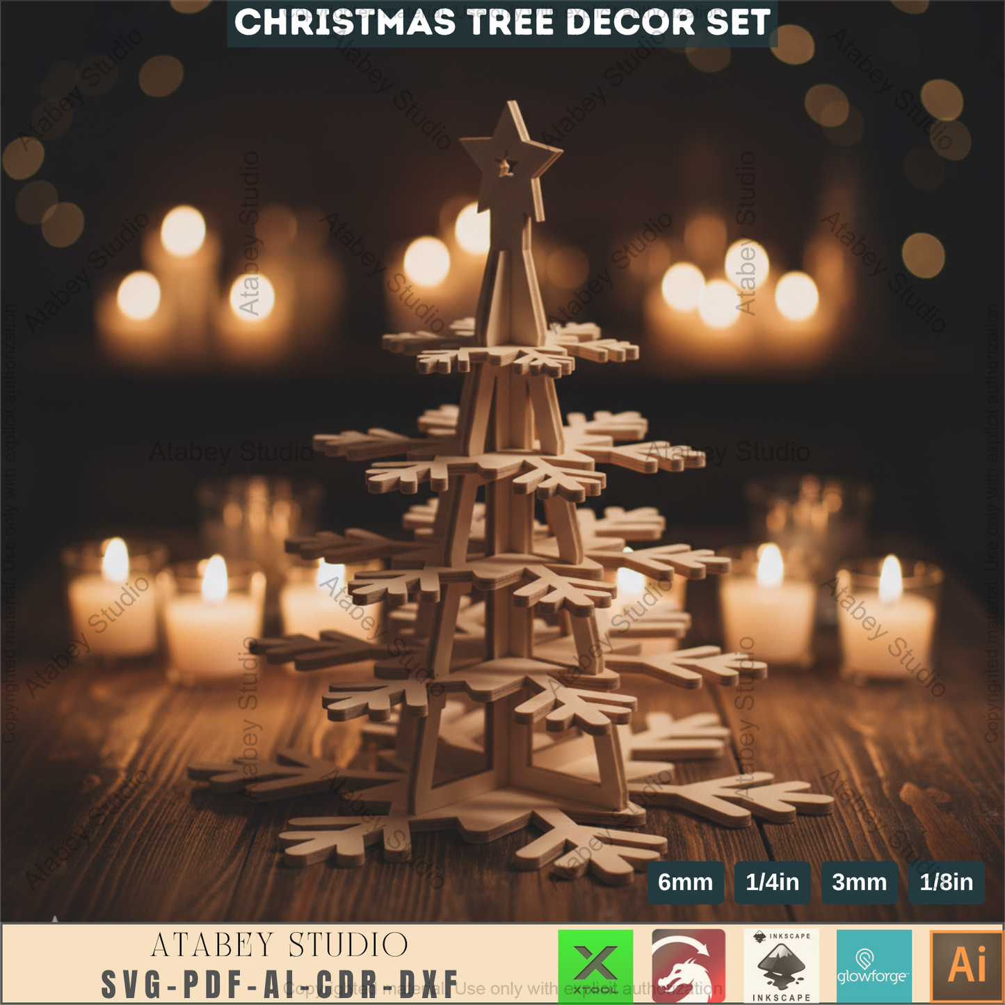 3D Christmas Snowflake Tree Decor Template for Laser Cutting | Standing Holiday Ornament Design for Glowforge, xTool, Lightburn Machines 965