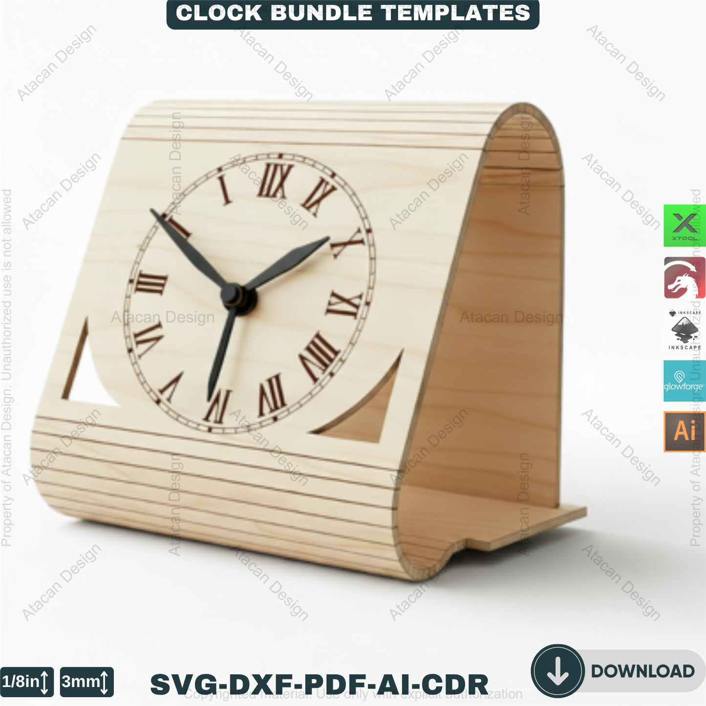 Laser Cut Clocks, Modern Desk Clock Templates, DIY Wooden Table Clock Plans, CNC File for Glowforge, Xtool & Lightburn 914
