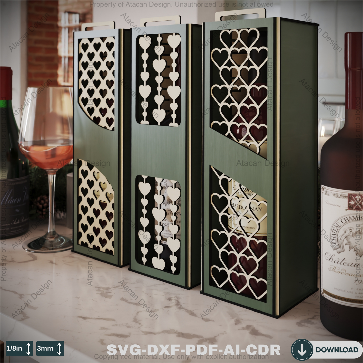 Laser Cut Wooden Wine Bottle Box with Heart Design - Perfect for Valentine's Day or Wine Gifts" 802