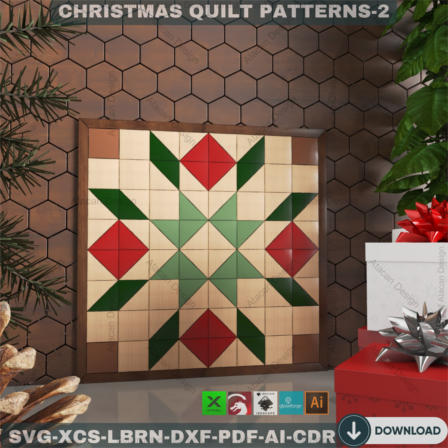 Christmas Patchwork SVG Files, Holiday Wood Quilt Block Templates, Laser Cut Tree and Snowflake Art for Farmhouse Decor 891