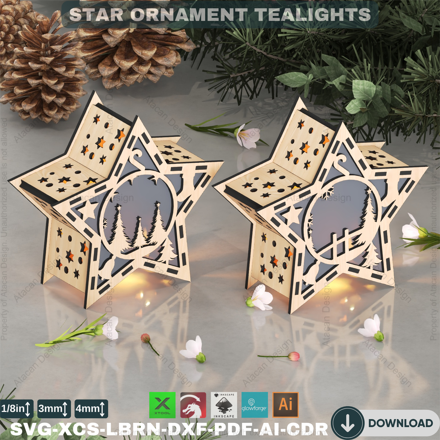 3D Star Night Light: Laser Ready Files, Candle Holder Pattern,10 design Christmas Star Table Lamp: Laser Cut Lantern, Holiday Decor 877