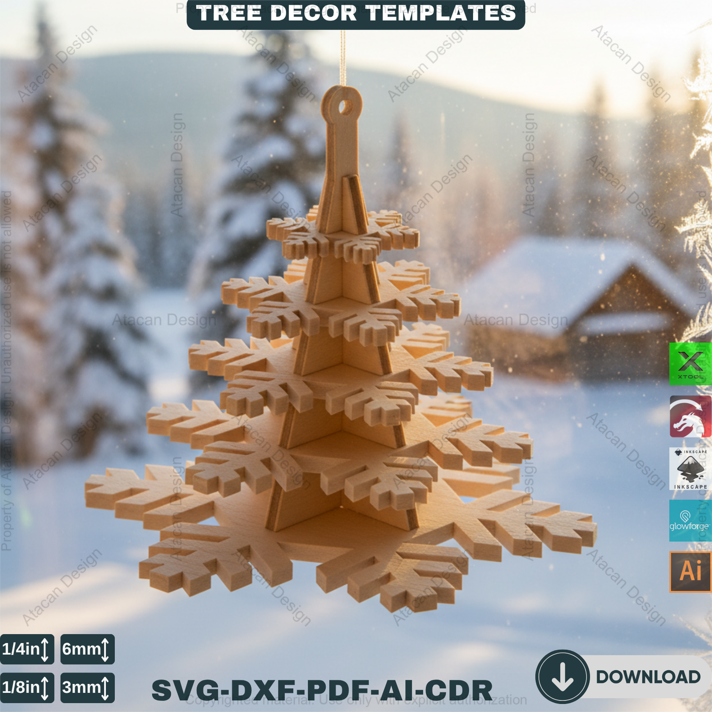 3D Christmas Tree Laser Cut File, Rustic Snowflake Holiday Decor, DIY Winter Tabletop Centerpiece for Glowforge & xTool 908
