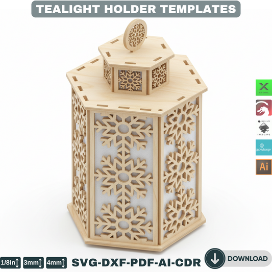 Laser Cut Christmas Lantern Set – Wooden Tealight Holders, DIY Tabletop Holiday Lights, Winter Village Christmas Home Decor 904