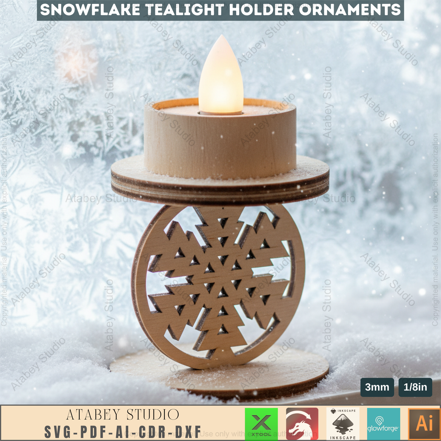 Winter Snowflake Tea Light Holder Set | Wooden Laser Cut Candle Stand Pattern | Christmas Ornament DIY Digital Craft Files 963