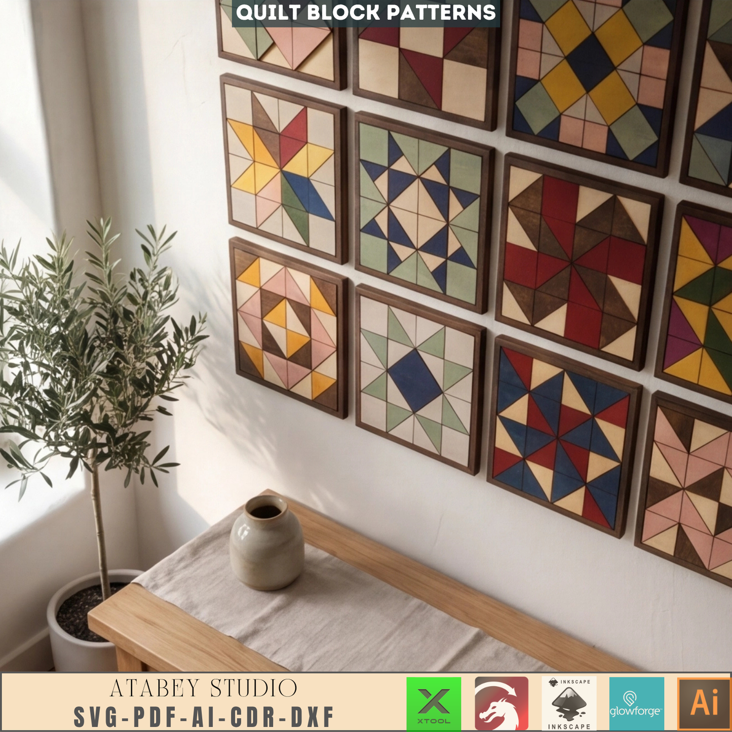 Geometric Barn Quilt Patterns - Laser Cut Quilt Blocks with Frames for DIY Projects