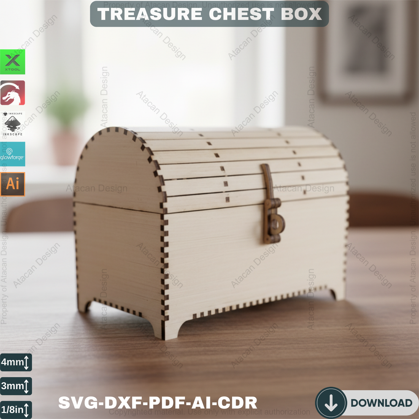 Wooden Treasure Chest - Laser Cut DIY Storage Box Files 388
