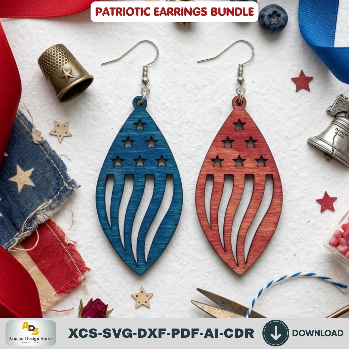 Patriotic Earrings Laser Cut Bundle, 4th of July USA Flag Acrylic Jewelry Template, Veteran Gift Design