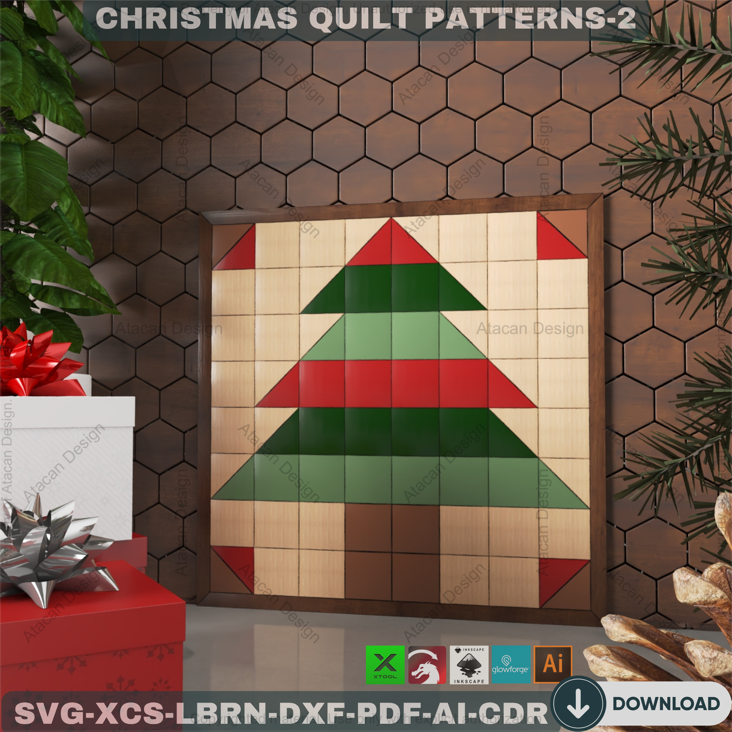 Christmas Patchwork SVG Files, Holiday Wood Quilt Block Templates, Laser Cut Tree and Snowflake Art for Farmhouse Decor 891