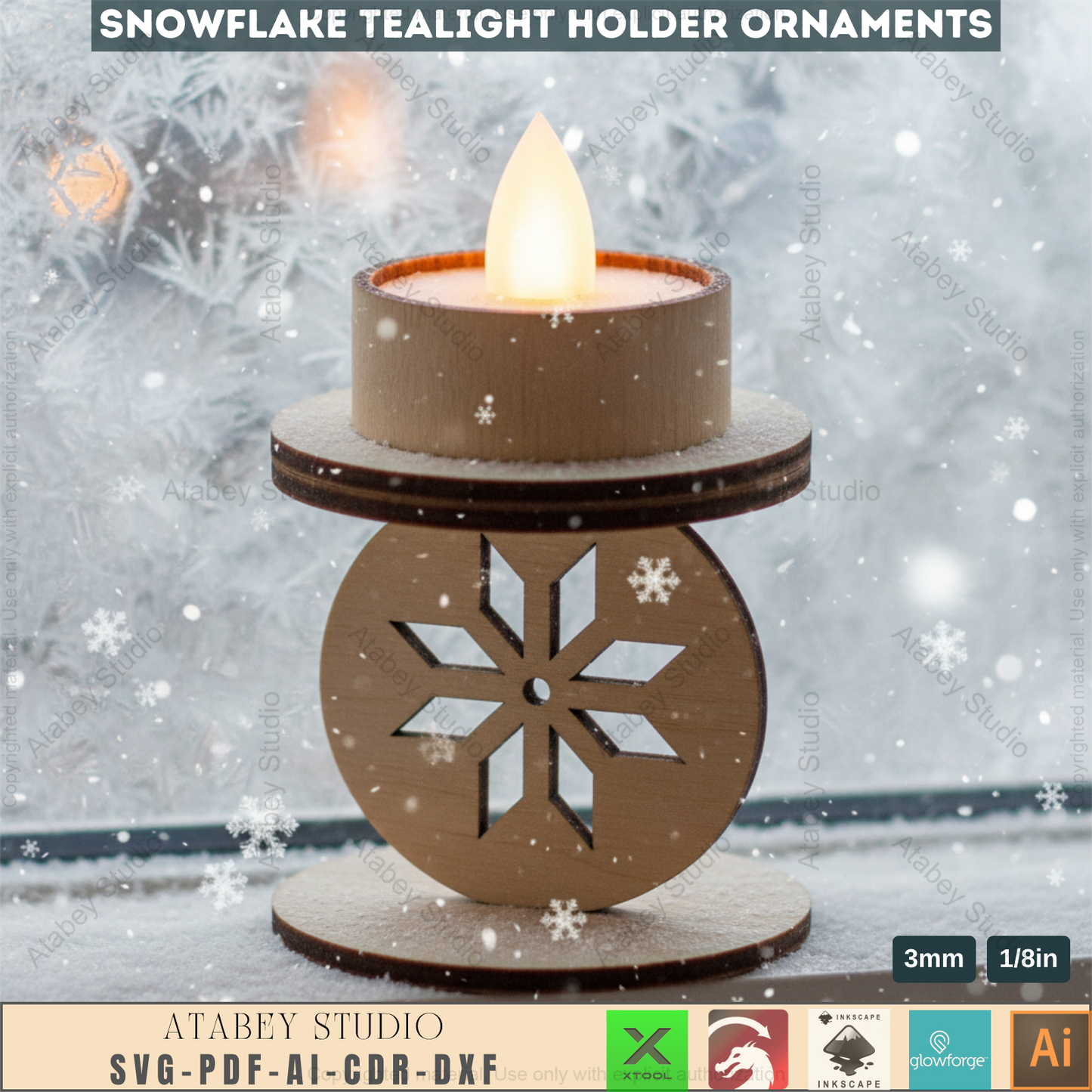 Winter Snowflake Tea Light Holder Set | Wooden Laser Cut Candle Stand Pattern | Christmas Ornament DIY Digital Craft Files 963