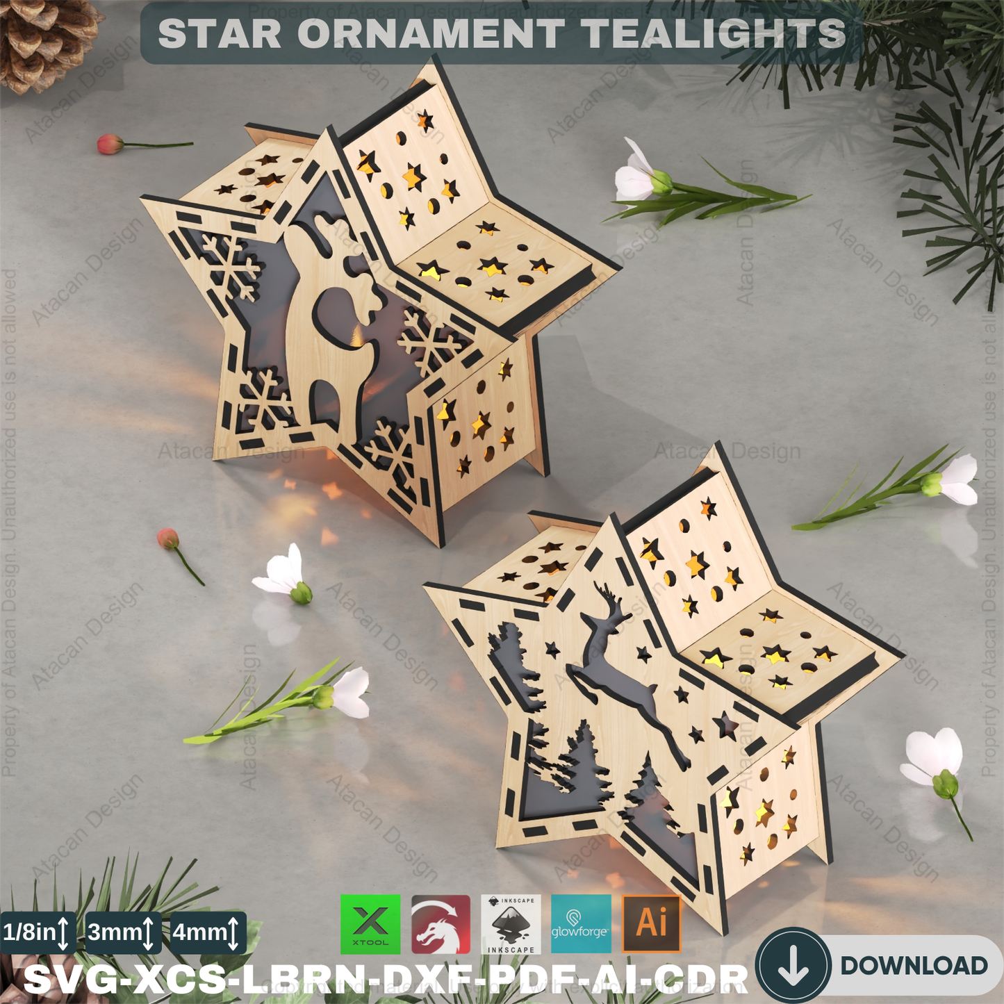 3D Star Night Light: Laser Ready Files, Candle Holder Pattern,10 design Christmas Star Table Lamp: Laser Cut Lantern, Holiday Decor 877