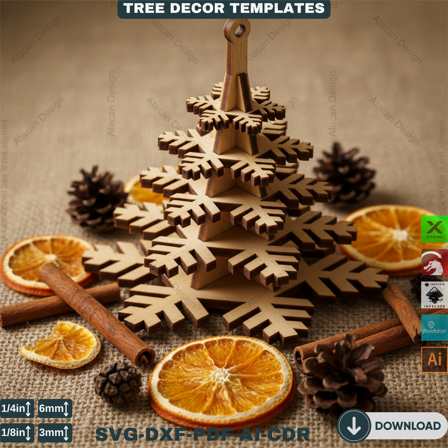 3D Christmas Tree Laser Cut File, Rustic Snowflake Holiday Decor, DIY Winter Tabletop Centerpiece for Glowforge & xTool 908
