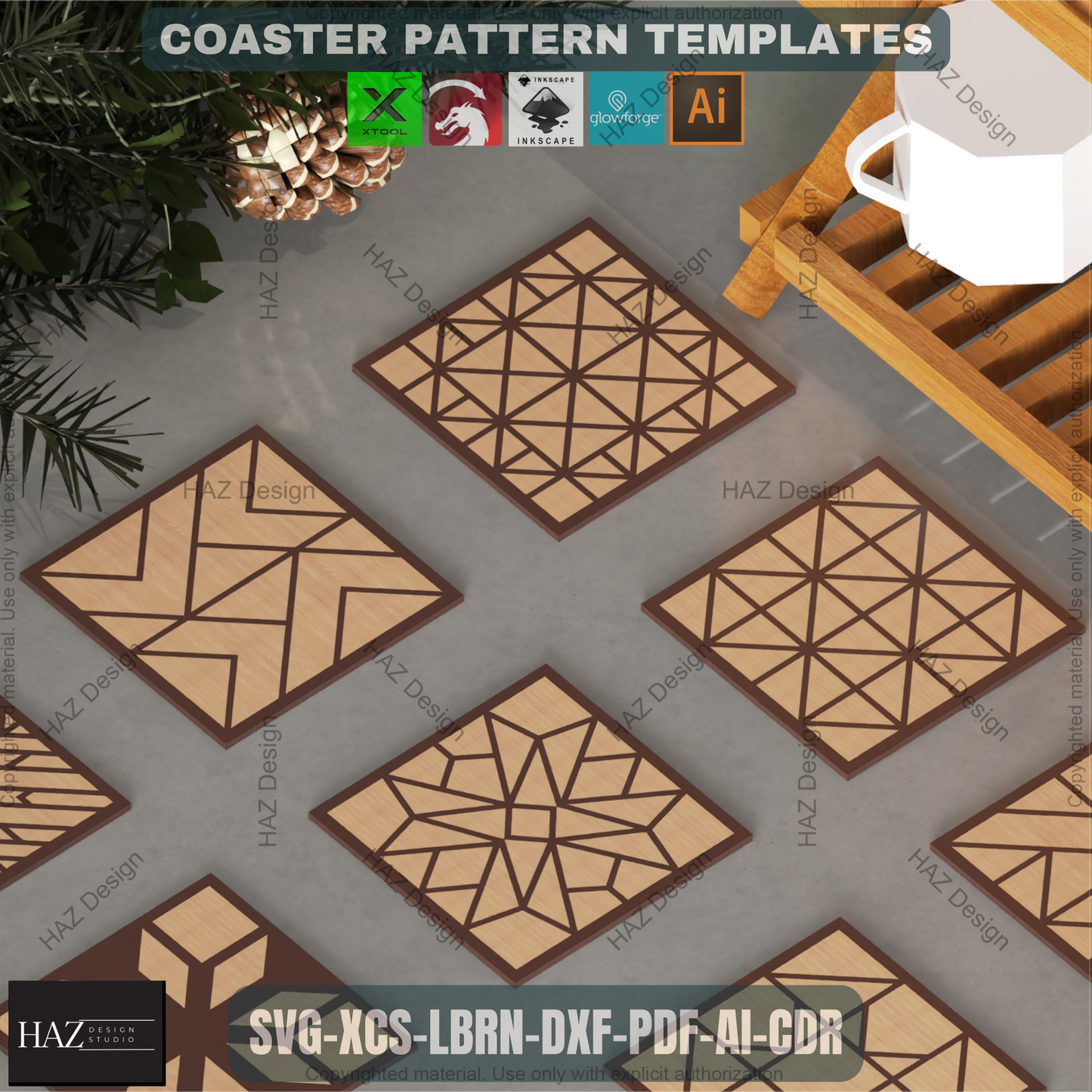 Geometric Mosaic Laser Files, Diamond Tile Patterns for Coasters & Wall Art, DIY Wood Inlay Project for Glowforge & Xtool 464