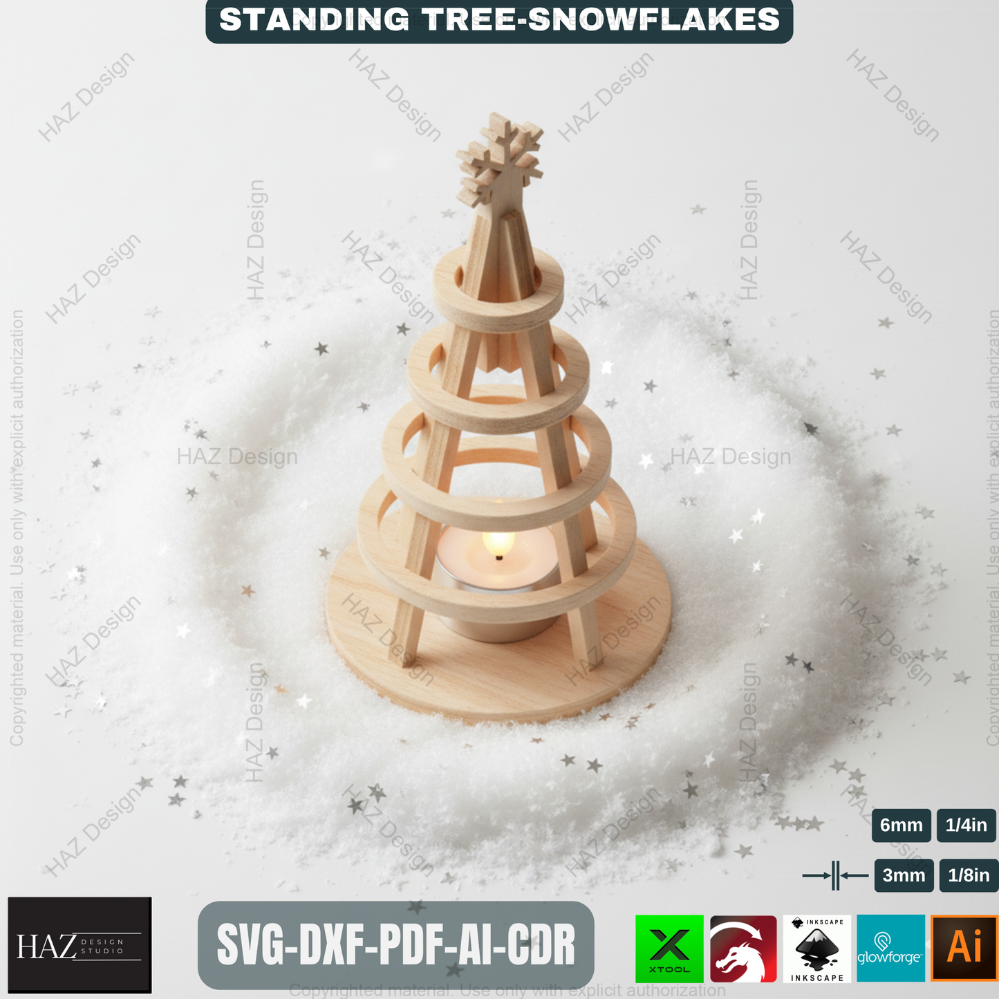 Wooden Snowflake Christmas Tree Light Decor Template Set Laser Cut Files for Holiday Table Centerpiece and Gift Craft 490