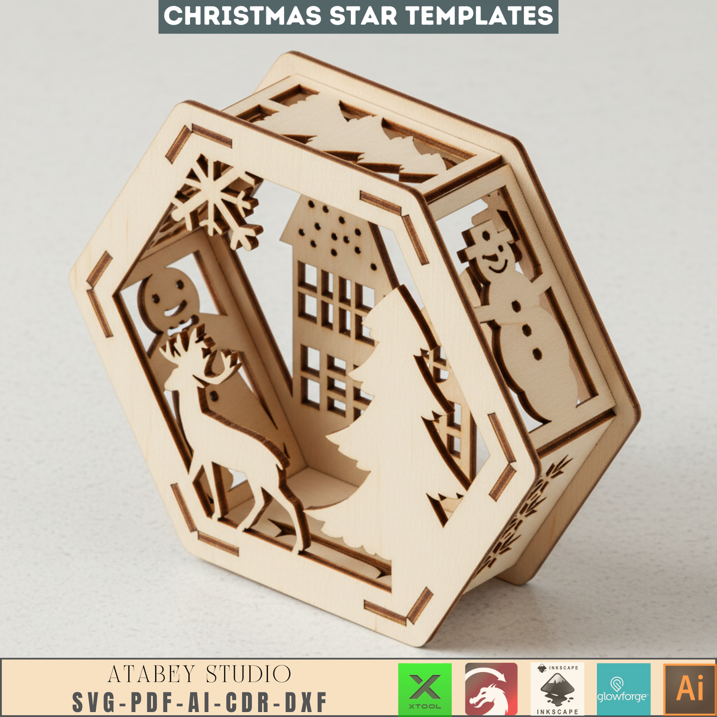 Hexagon Christmas Decor SVG Template - Laser Cut Lanterns - Winter Scene for Holiday Home Decor and Cozy Candle Glow 957