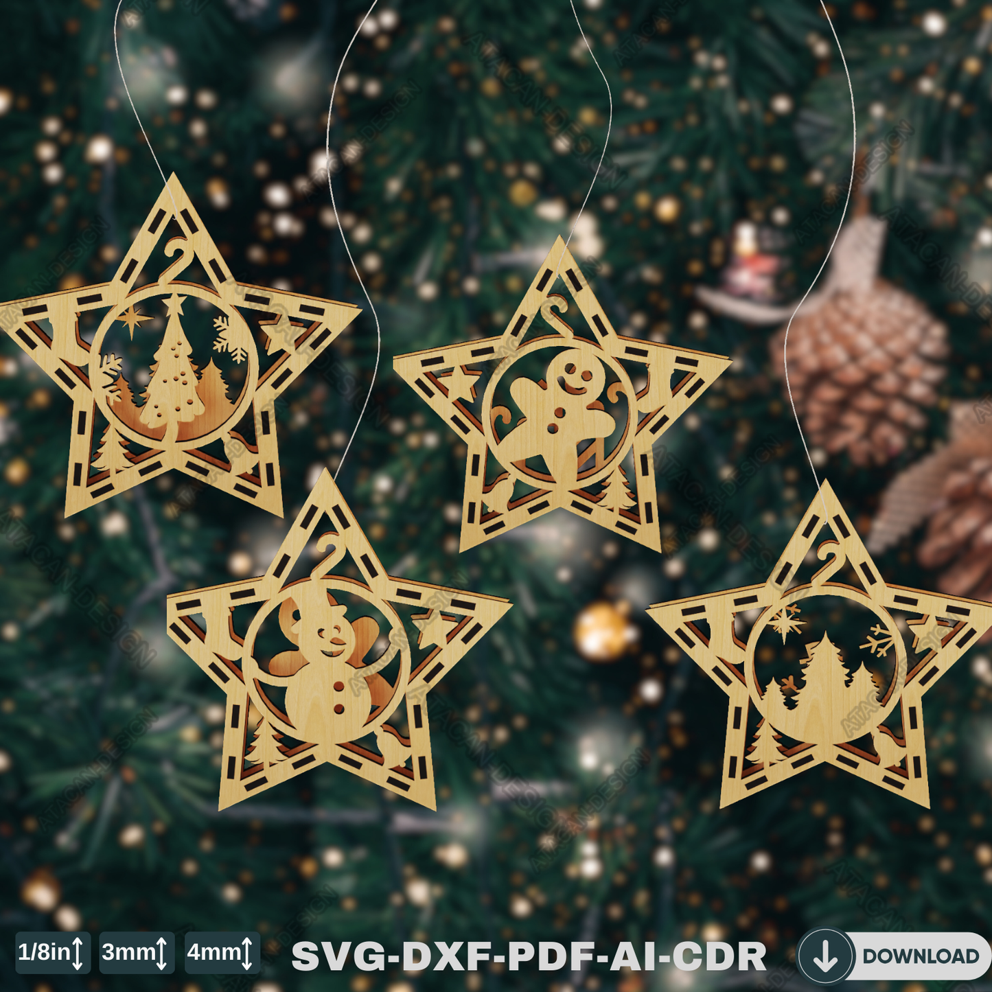 Charming Wooden Star Ornaments - Laser Cut Christmas Tree Decorations with Seasonal Characters 772