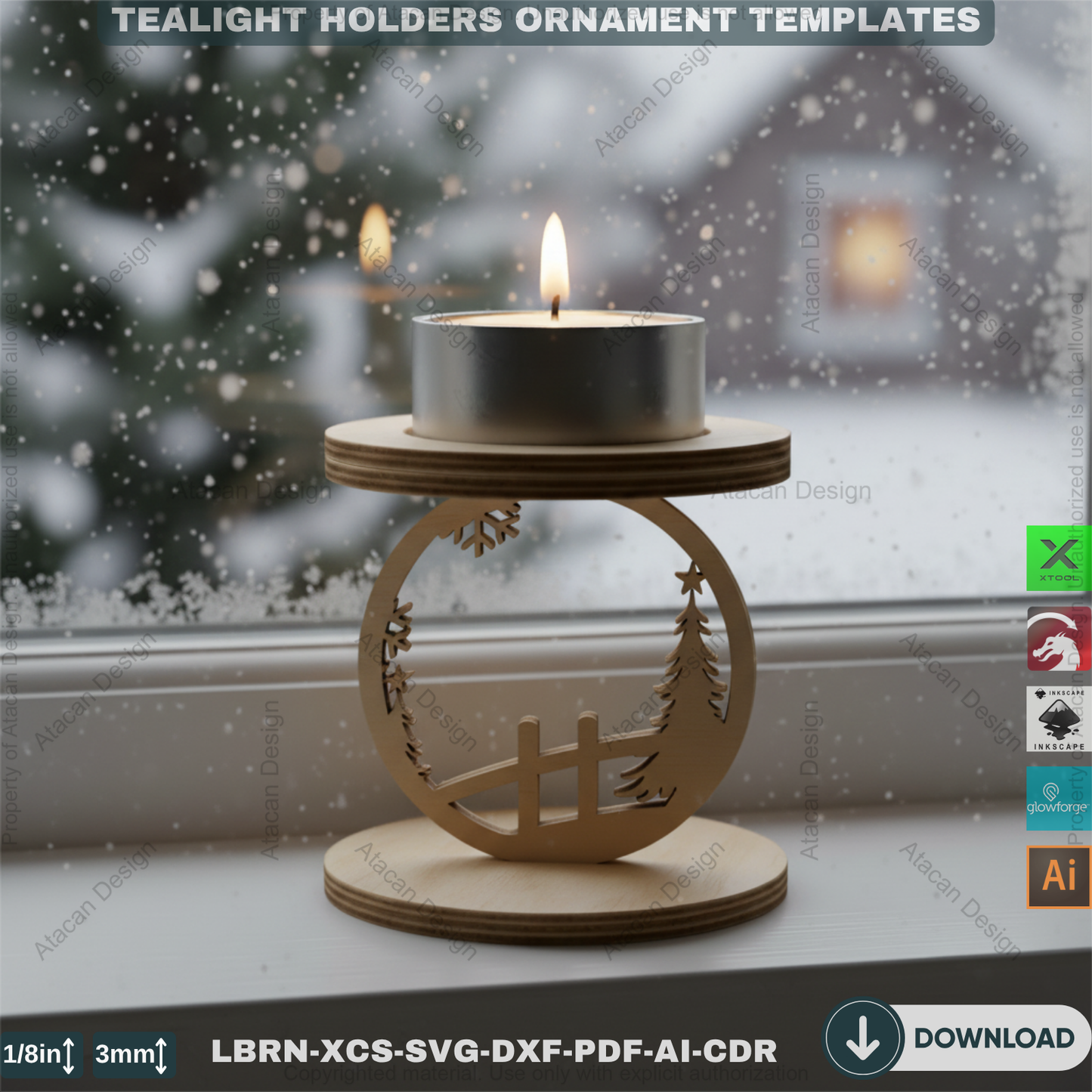 Snowflake Tealight Holder Set, Wooden Laser Cut Decor, Winter Candle Templates, Standing Tea Light Holders 907