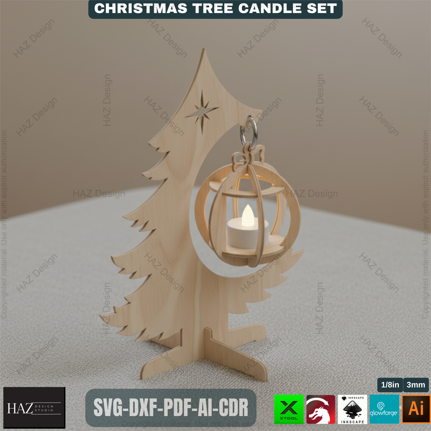 Title: Christmas Tree Tealight Holders Laser Cut Files Wooden Ornament Candle Stands Xmas Decor Templates Glowforge Xtool SVG 494