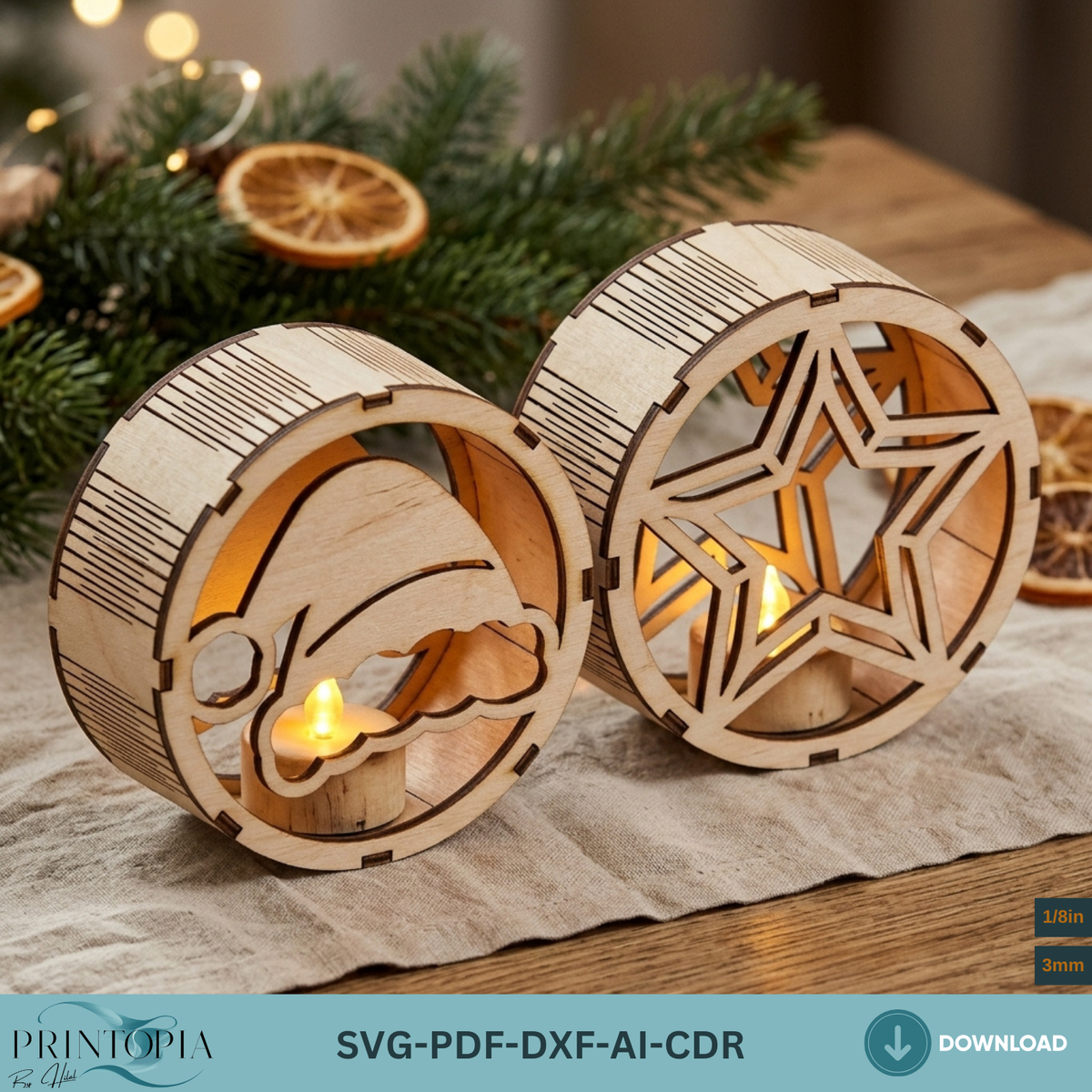Laser Cut Christmas Night Light Bundle, Round Wooden Lanterns, DIY Holiday Candle Holder Designs 380